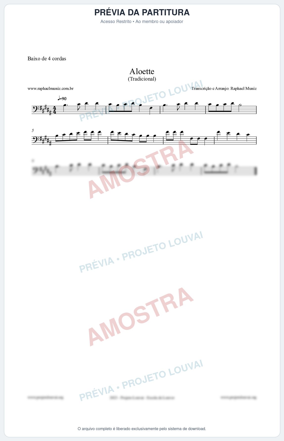 Prévia protegida da primeira página da partitura Partitura para Baixo de 4 cordas - Aloette - Tradicional
