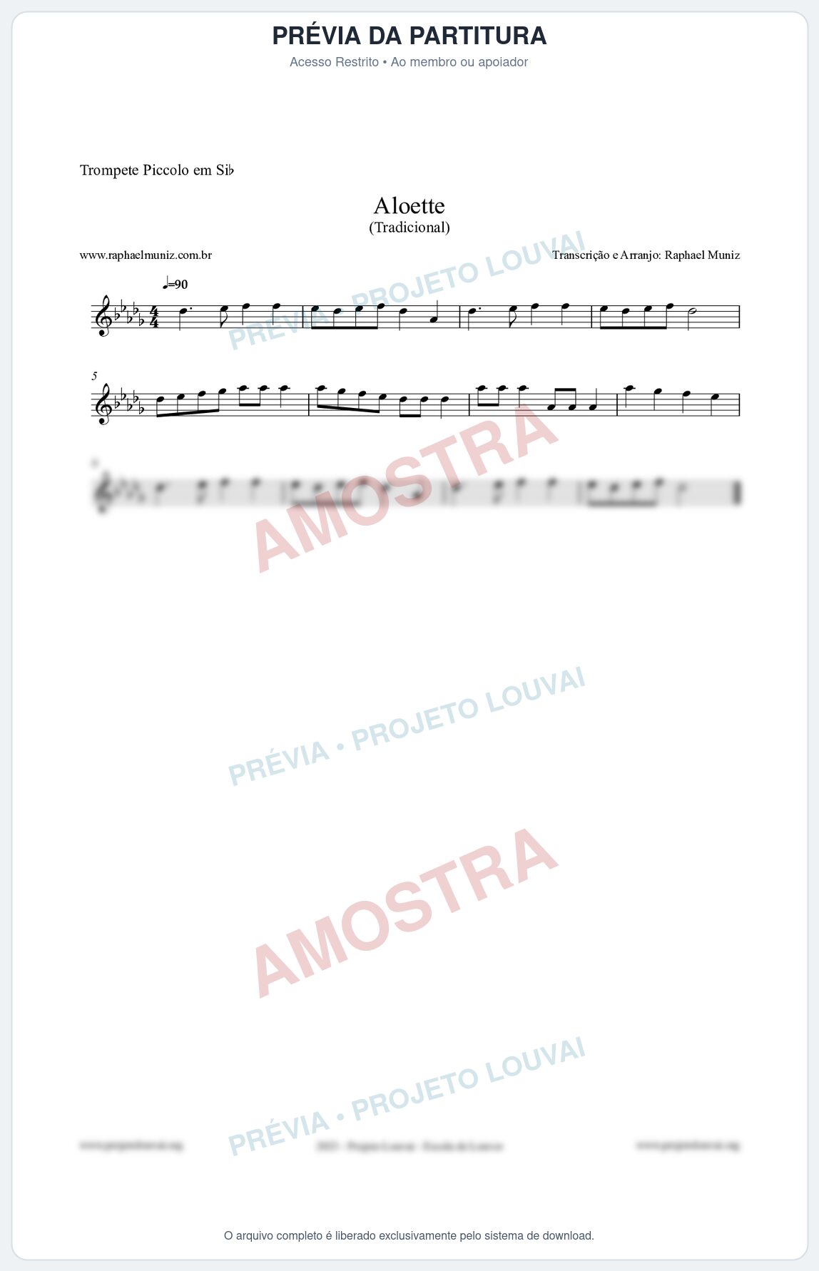 Prévia protegida da primeira página da partitura Partitura para Trompete Piccolo em Sib - Aloette - Tradicional