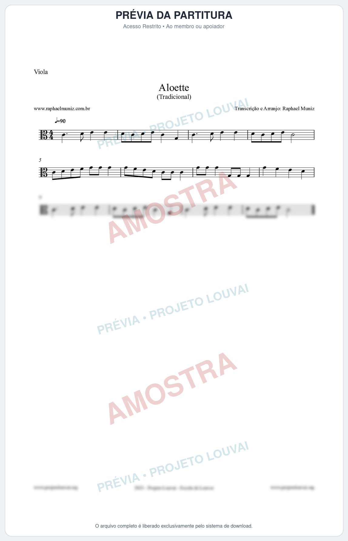 Prévia protegida da primeira página da partitura Partitura para Viola - Aloette - Tradicional