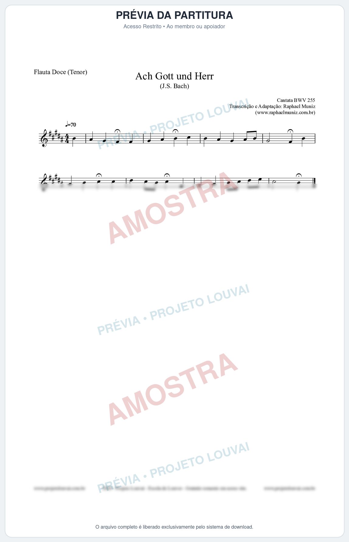 Prévia protegida da primeira página da partitura Partitura para Flauta Doce (Tenor) - Ach Gott und Herr (BWV 255) (Tom B) - Johann Sebastian Bach