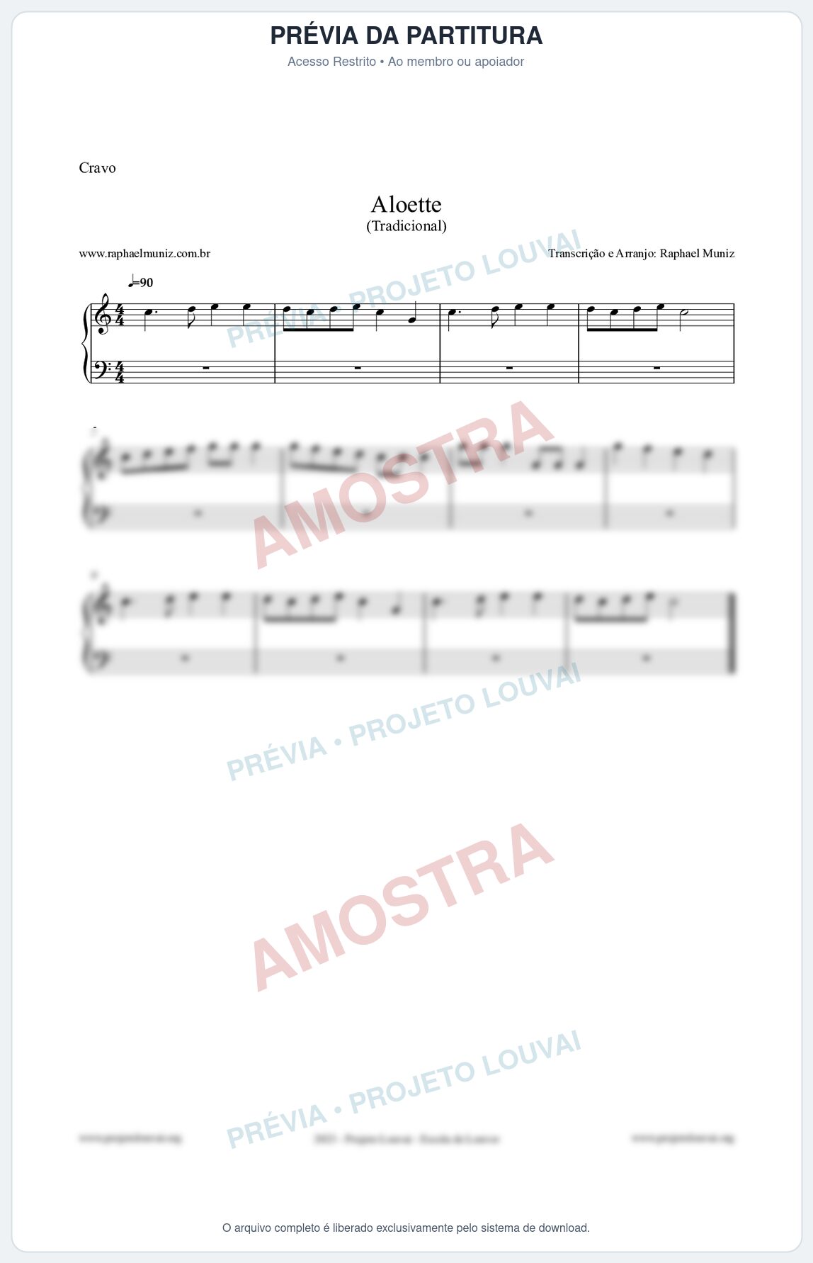 Prévia protegida da primeira página da partitura Partitura para Cravo - Aloette - Tradicional