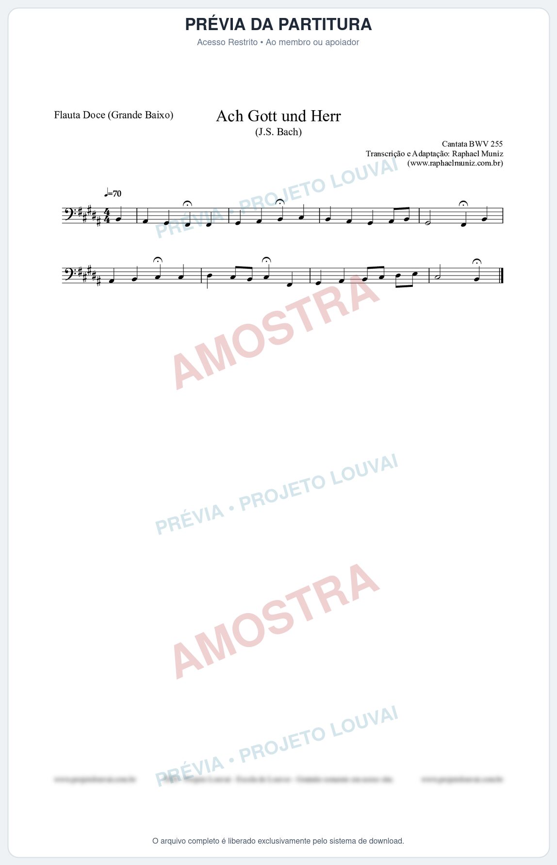 Prévia protegida da primeira página da partitura Partitura para Flauta Doce (Grande Baixo) - Ach Gott und Herr (BWV 255) (Tom B) - Johann Sebastian Bach