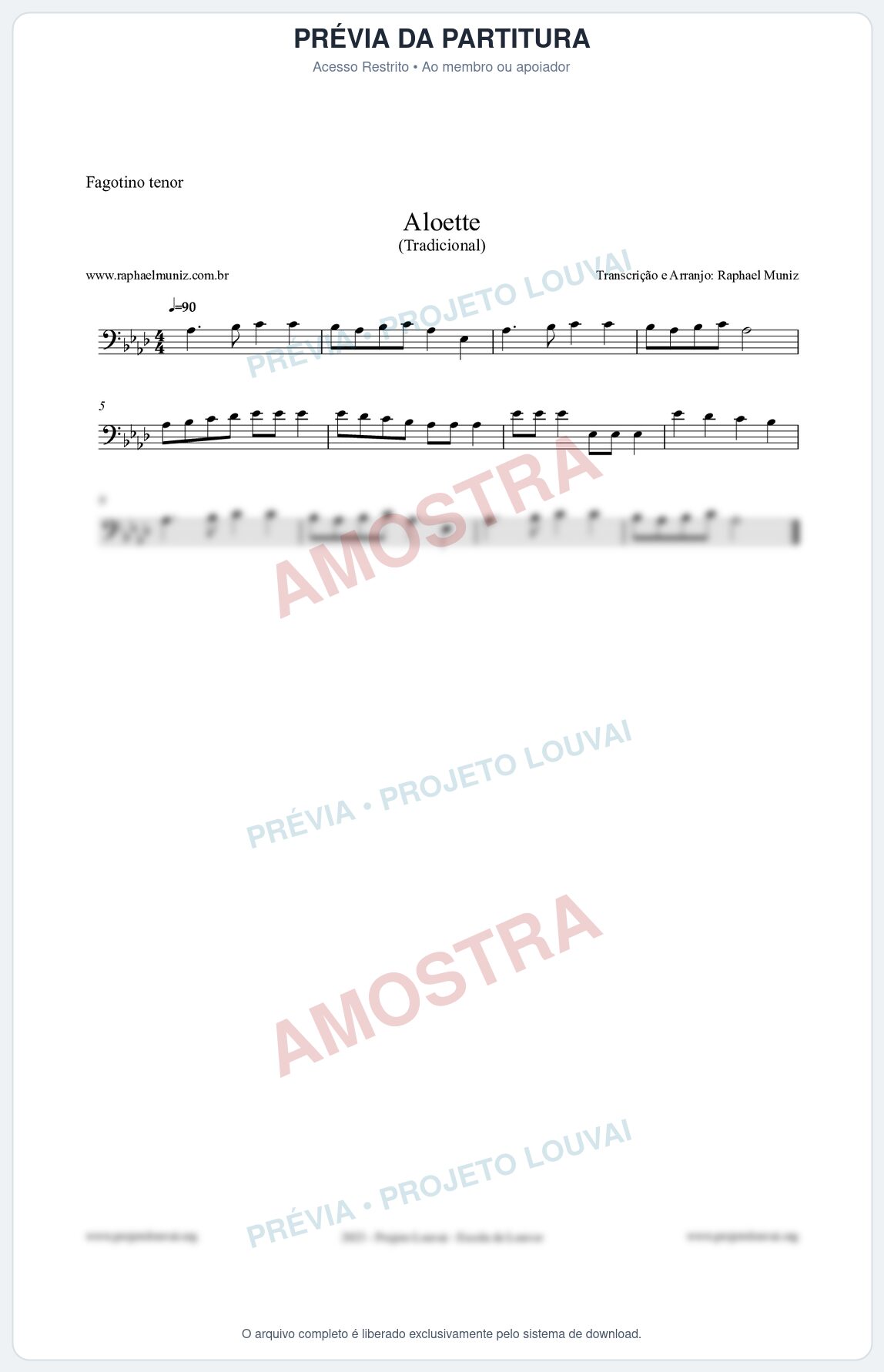 Prévia protegida da primeira página da partitura Partitura para Fagotino tenor - Aloette - Tradicional