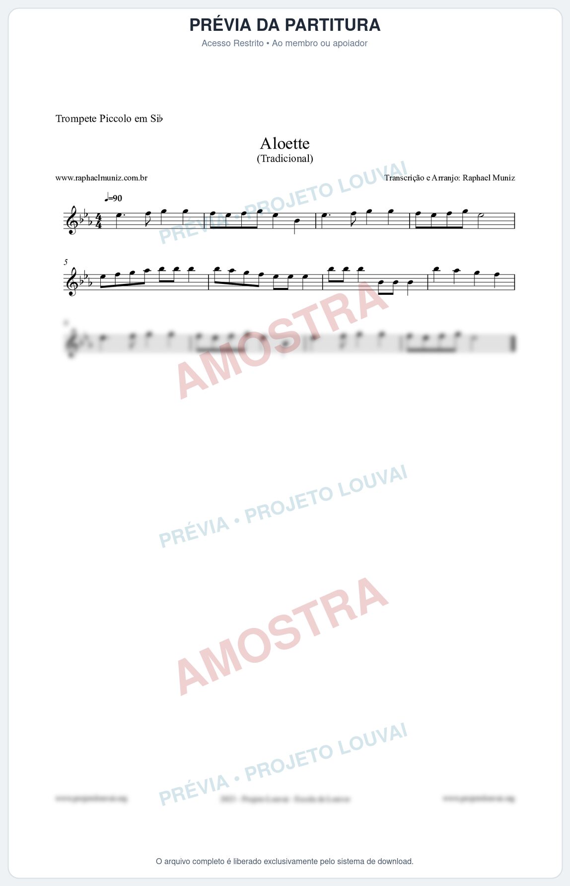 Prévia protegida da primeira página da partitura Partitura para Trompete Piccolo em Sib - Aloette - Tradicional
