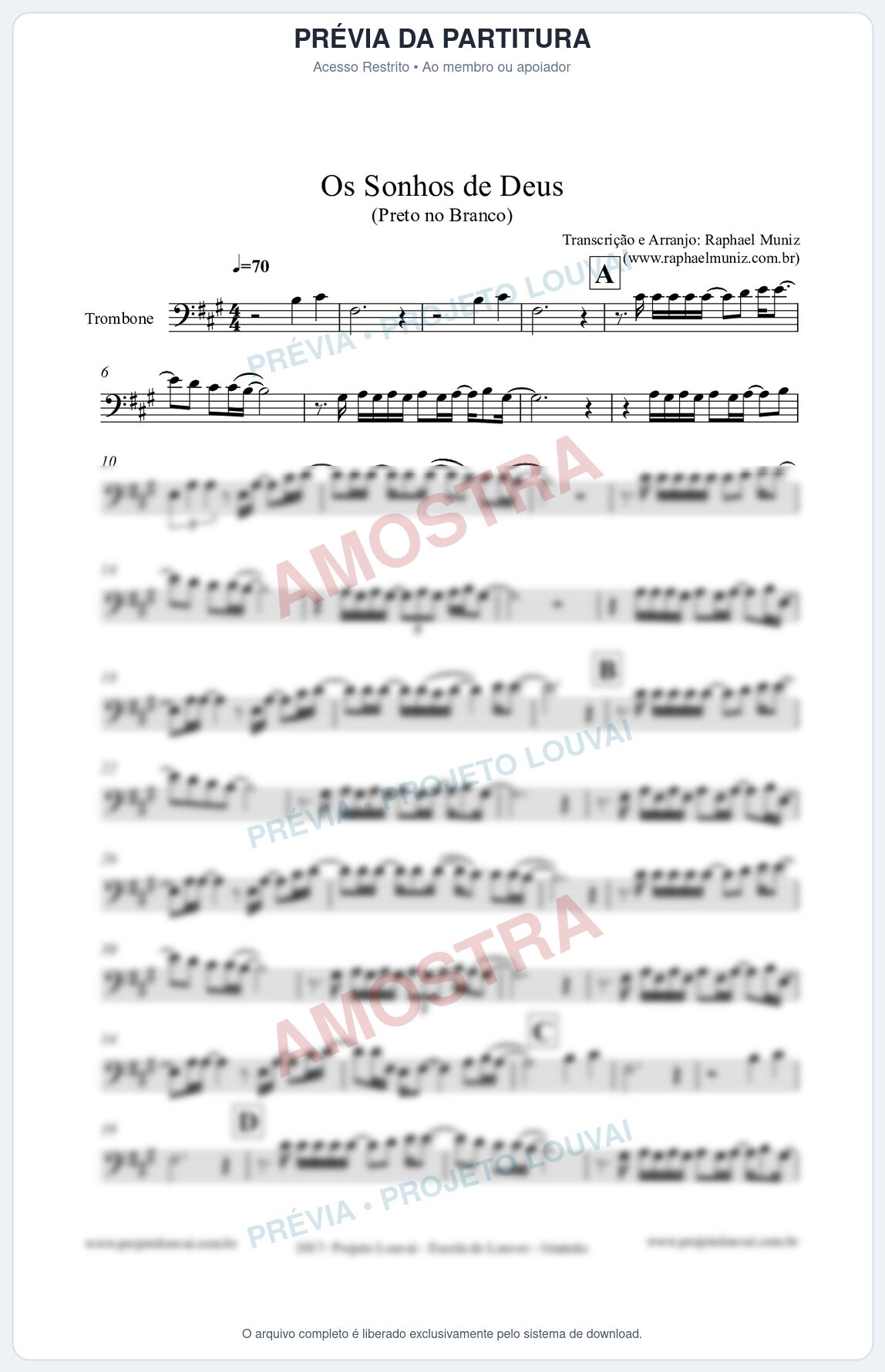 Prévia protegida da primeira página da partitura Partitura para Trombone - Os Sonhos de Deus - Preto no Branco