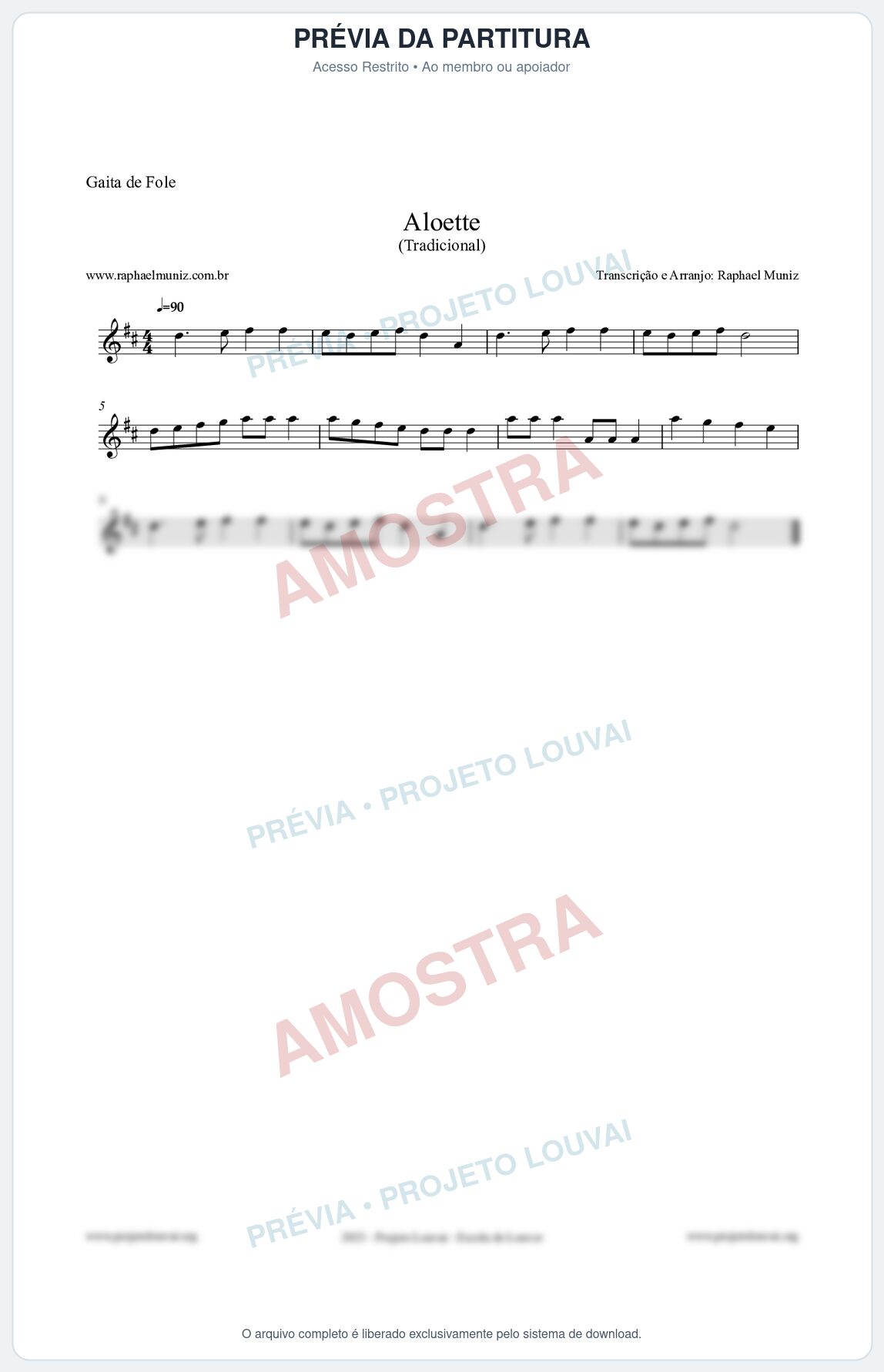 Prévia protegida da primeira página da partitura Partitura para Gaita de Fole - Aloette - Tradicional