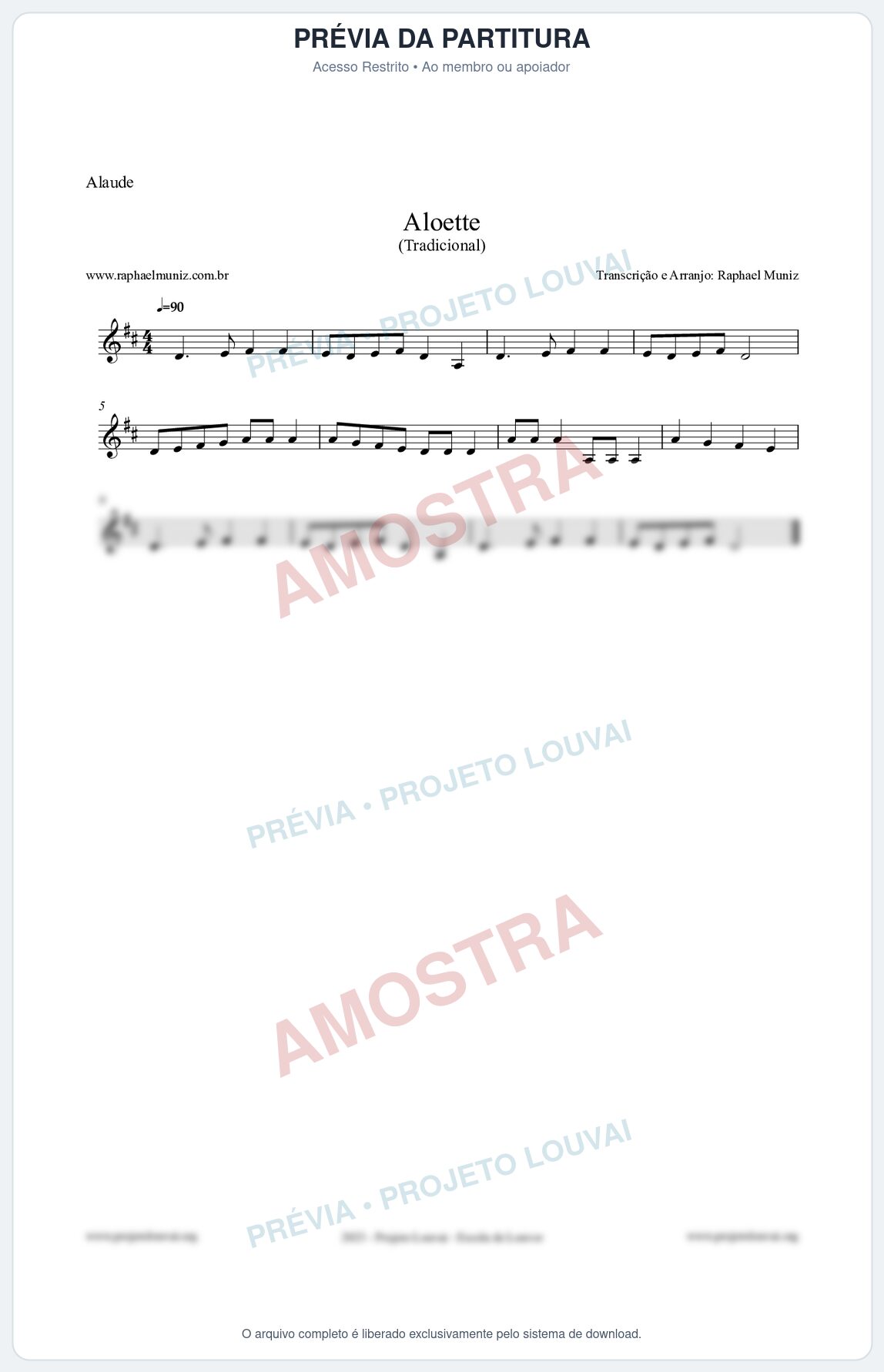 Prévia protegida da primeira página da partitura Partitura para Alaúde - Aloette - Tradicional