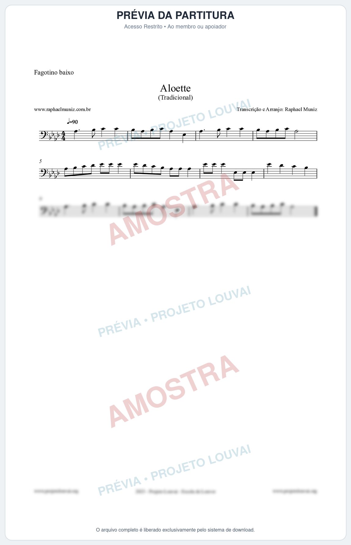 Prévia protegida da primeira página da partitura Partitura para Fagotino baixo - Aloette - Tradicional