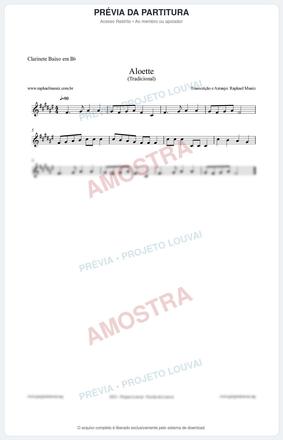Prévia protegida da primeira página da partitura Partitura para Clarinete Baixo em Bb - Aloette - Tradicional