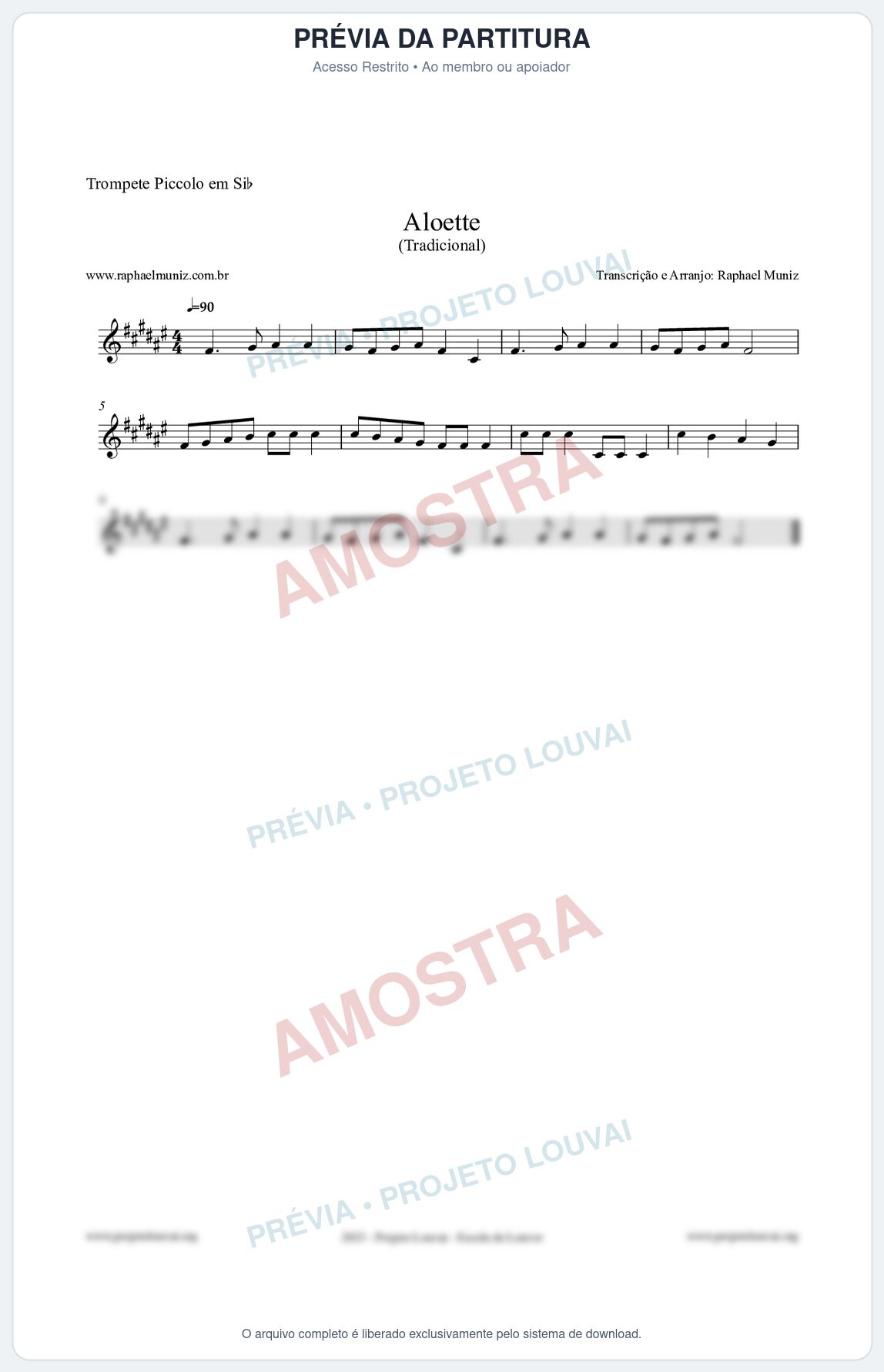 Prévia protegida da primeira página da partitura Partitura para Trompete Piccolo em Sib - Aloette - Tradicional