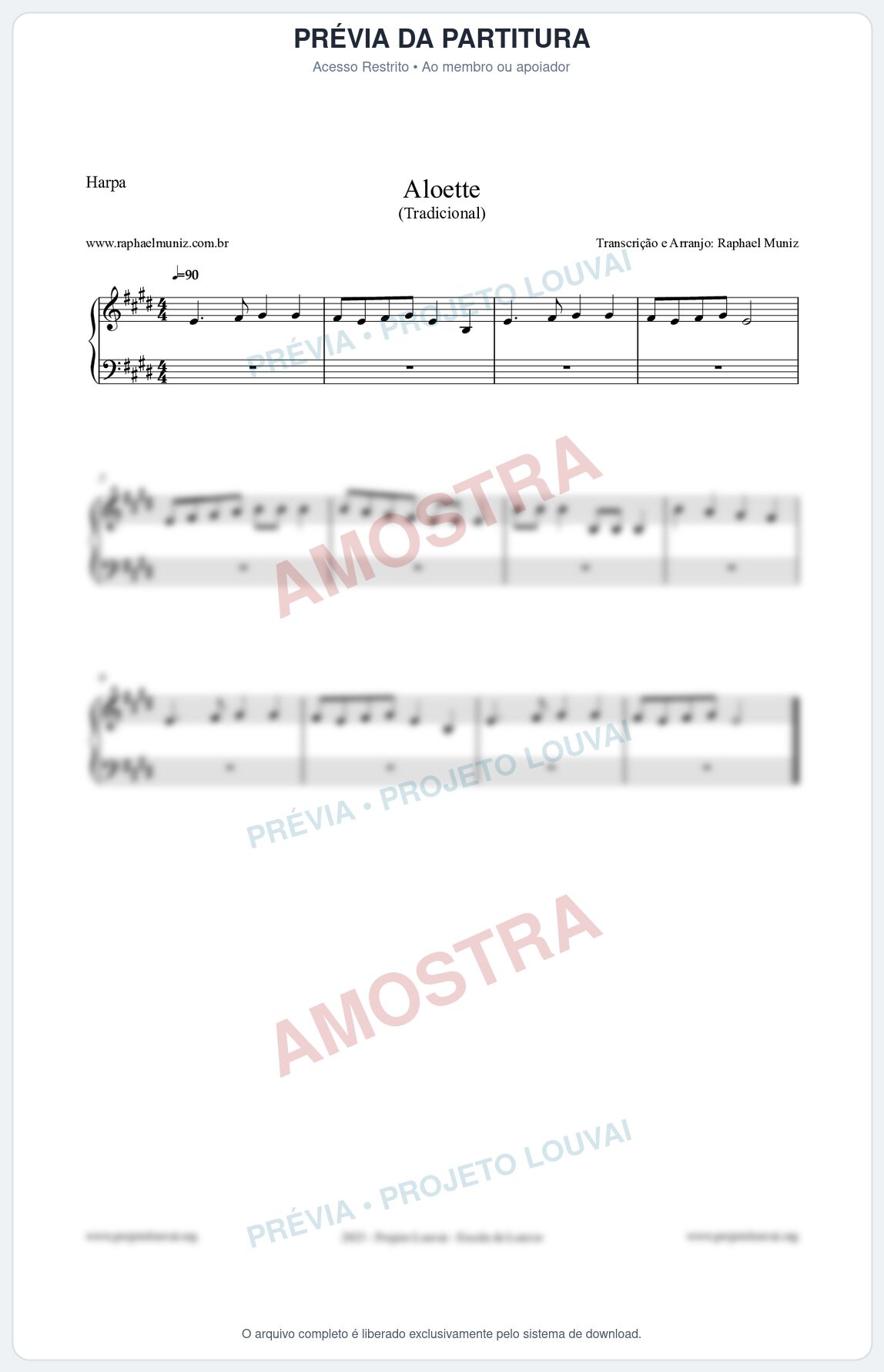 Prévia protegida da primeira página da partitura Partitura para Harpa - Aloette - Tradicional