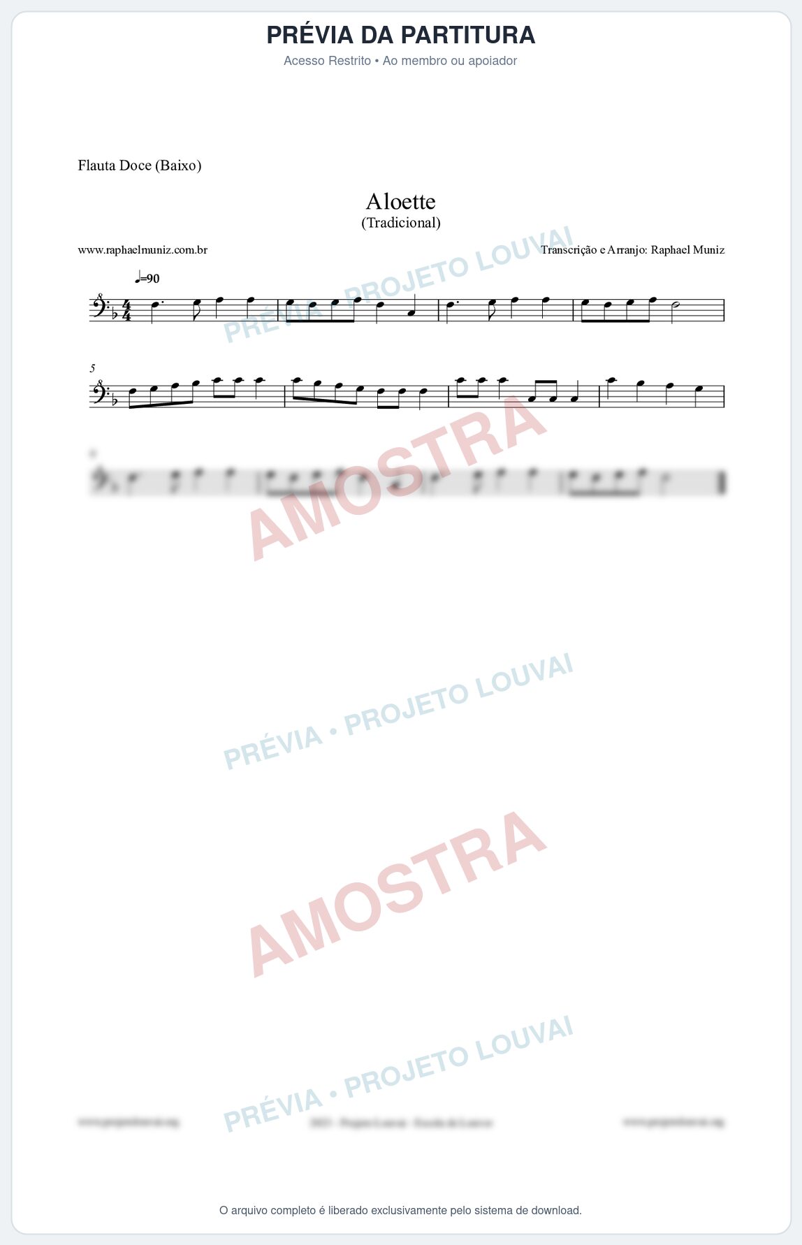 Prévia protegida da primeira página da partitura Partitura para Flauta Doce (Baixo) - Aloette - Tradicional