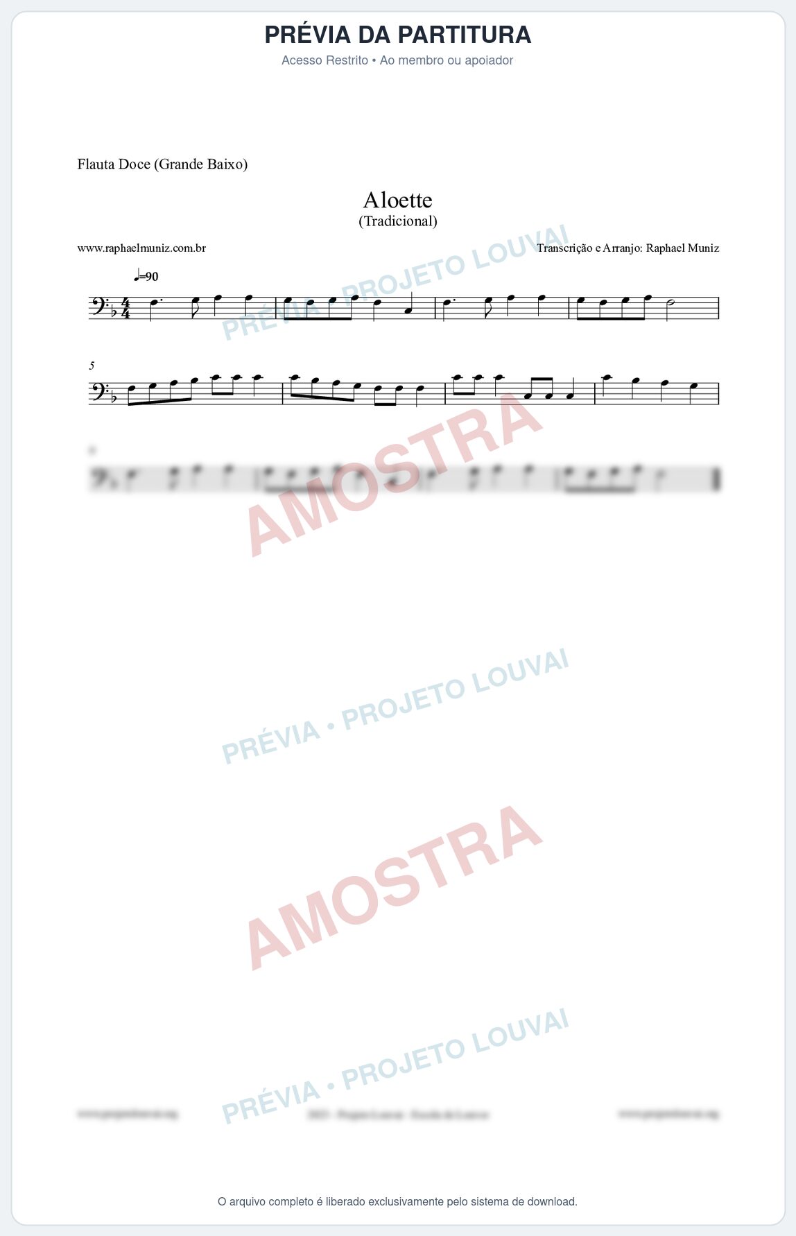 Prévia protegida da primeira página da partitura Partitura para Flauta Doce (Grande Baixo) - Aloette - Tradicional