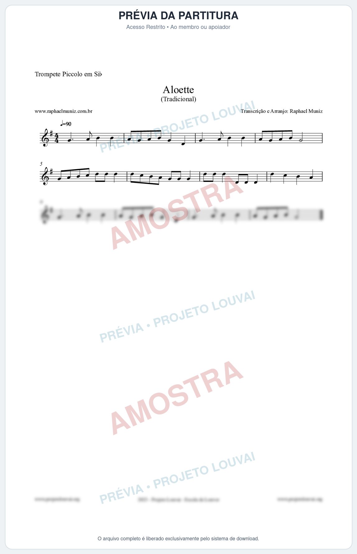 Prévia protegida da primeira página da partitura Partitura para Trompete Piccolo em Sib - Aloette - Tradicional