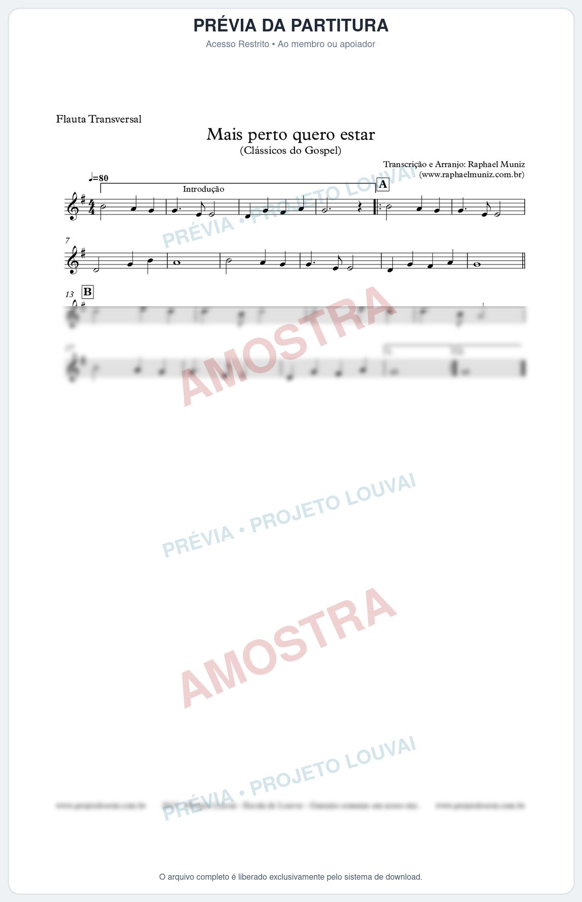 Prévia protegida da primeira página da partitura Partitura para Flauta Transversal - Mais Perto quero Estar - Clássicos do Gospel