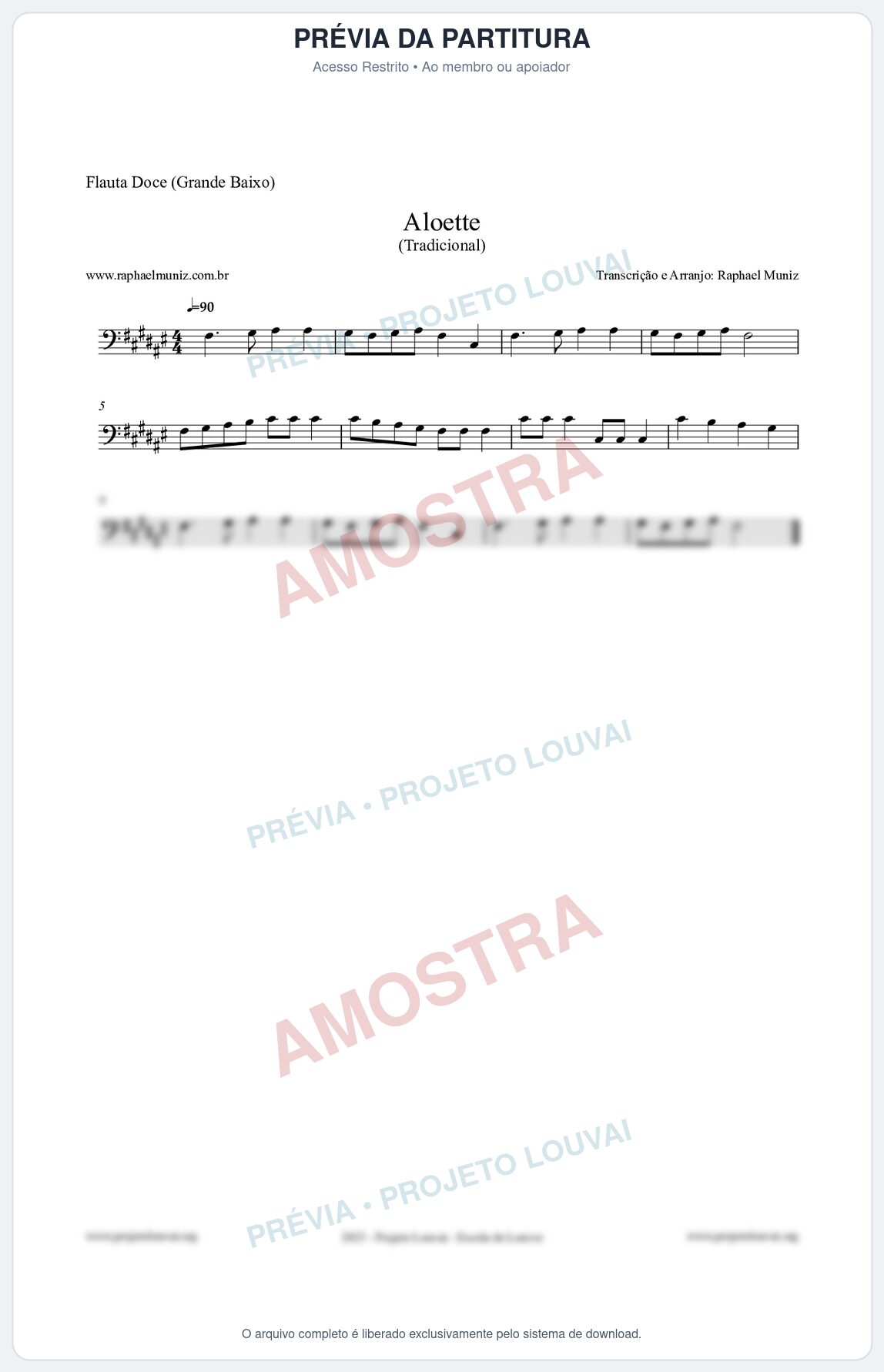 Prévia protegida da primeira página da partitura Partitura para Flauta Doce (Grande Baixo) - Aloette - Tradicional