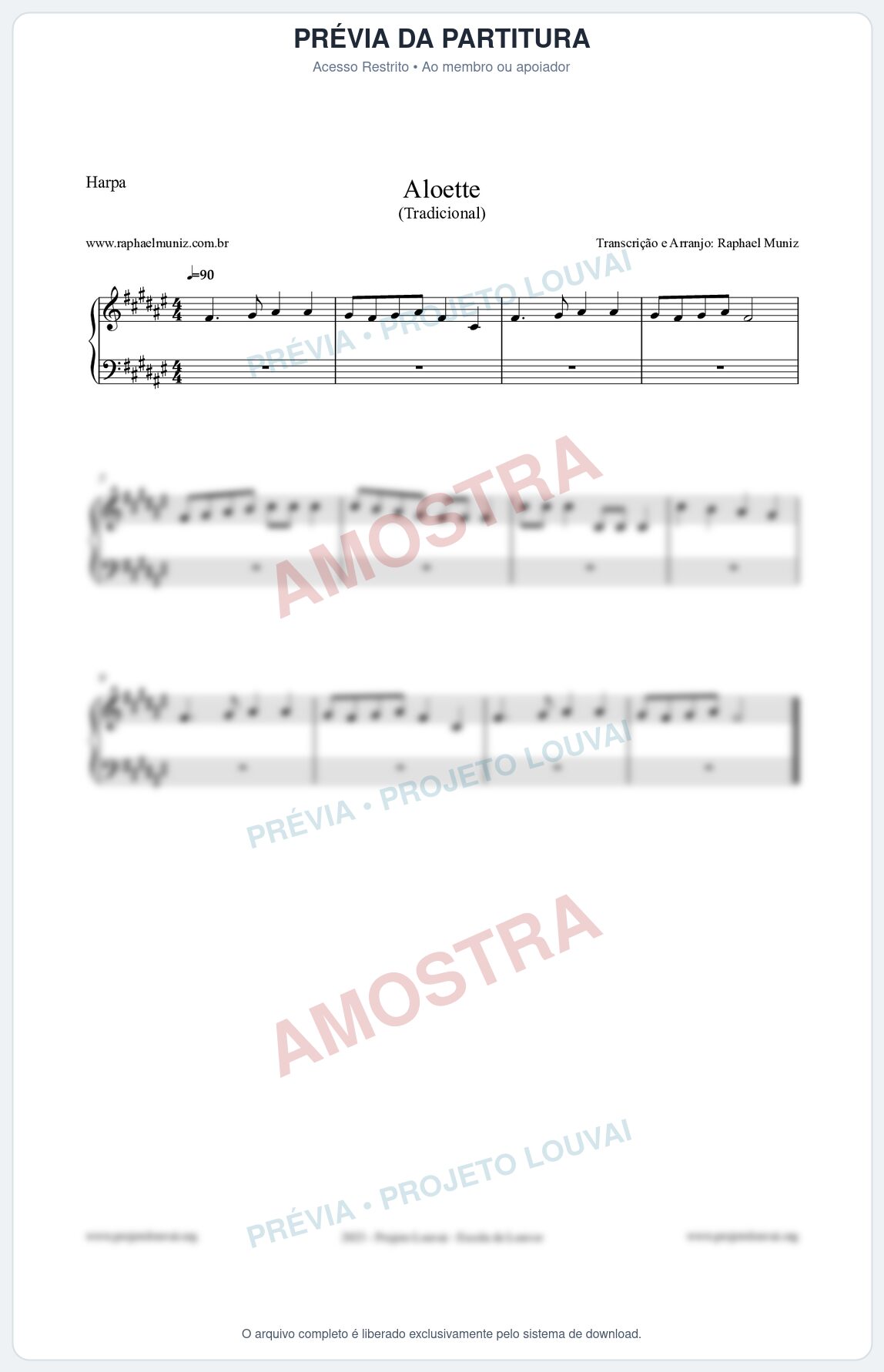 Prévia protegida da primeira página da partitura Partitura para Harpa - Aloette - Tradicional