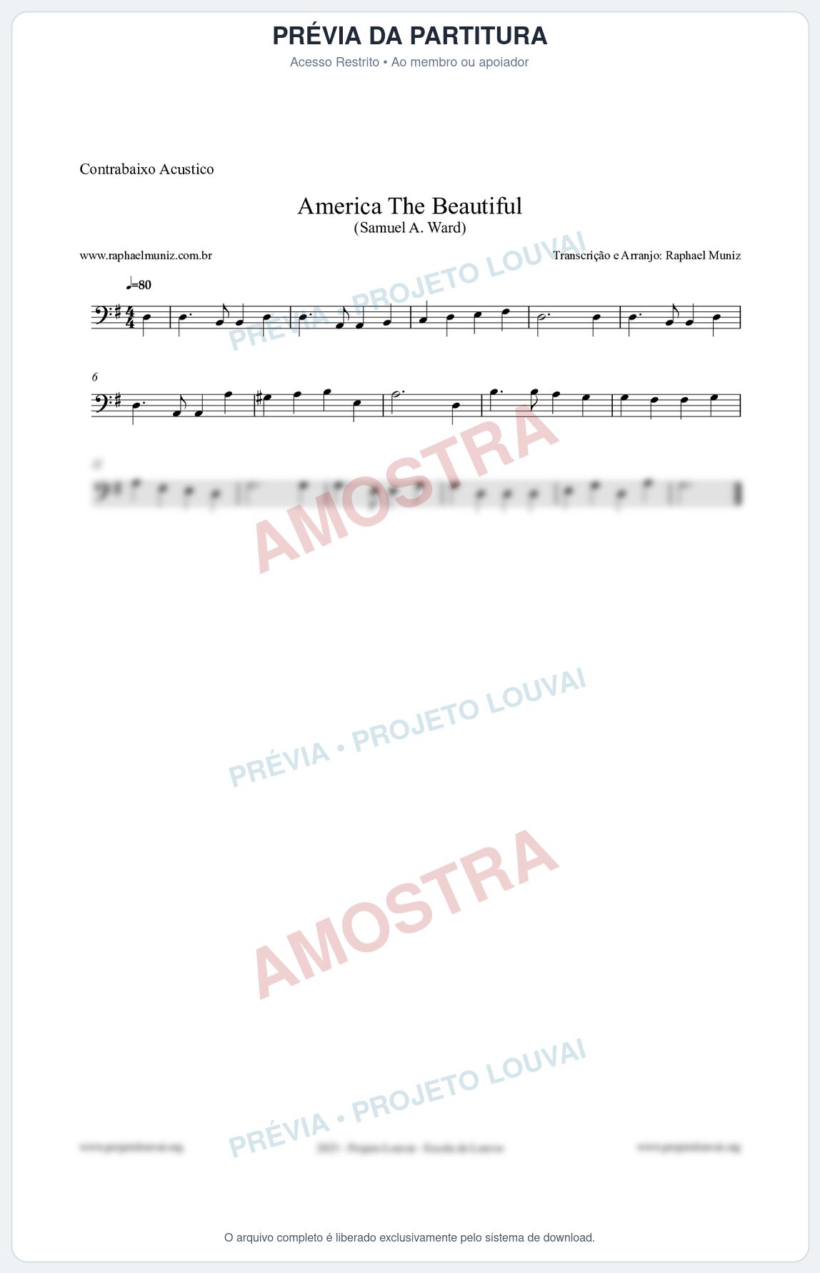 Prévia protegida da primeira página da partitura Partitura para Contrabaixo Acústico - America The Beautiful - Samuel A Ward