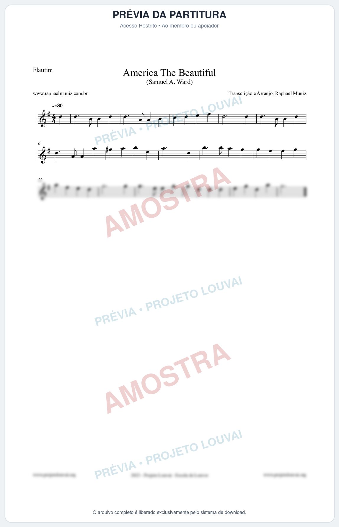 Prévia protegida da primeira página da partitura Partitura para Flautim - America The Beautiful - Samuel A Ward