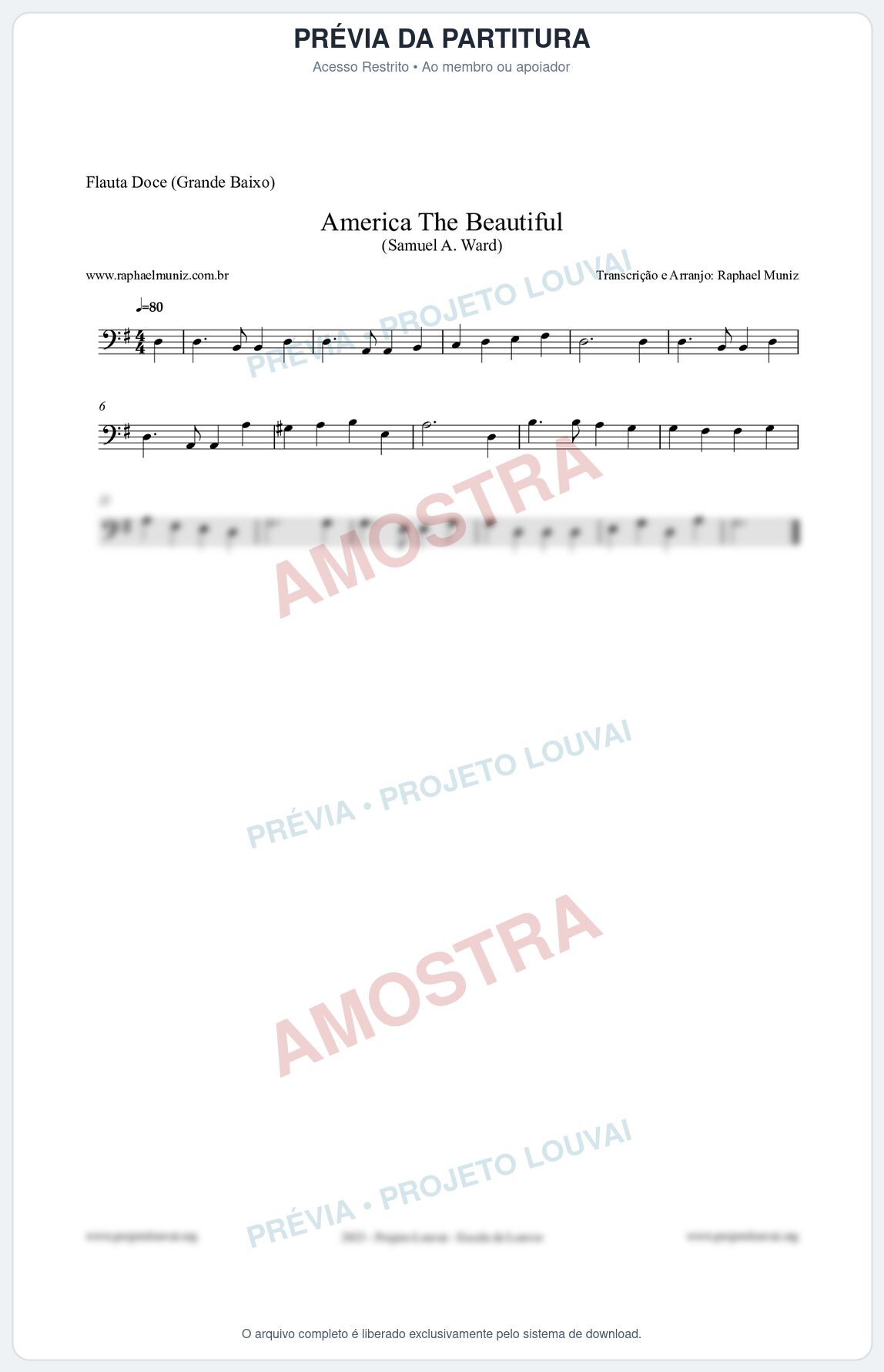 Prévia protegida da primeira página da partitura Partitura para Flauta Doce (Grande Baixo) - America The Beautiful - Samuel A Ward