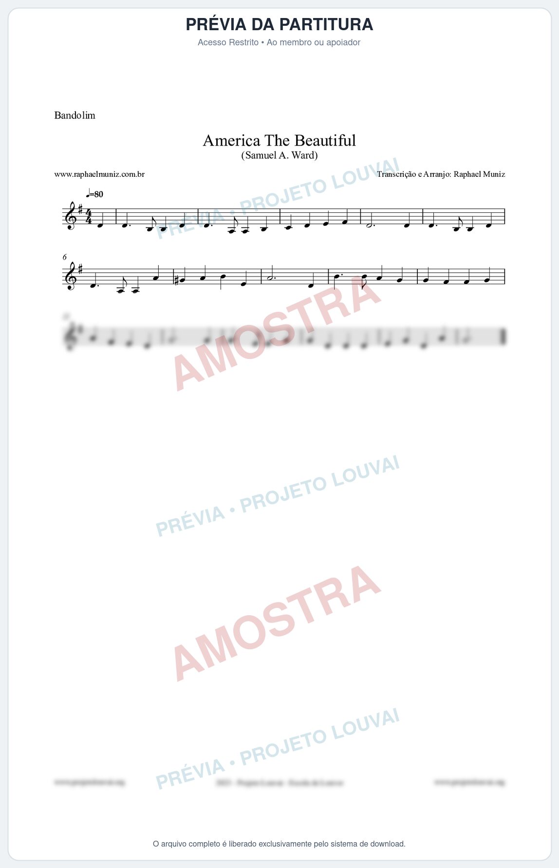 Prévia protegida da primeira página da partitura Partitura para Bandolim - America The Beautiful - Samuel A Ward