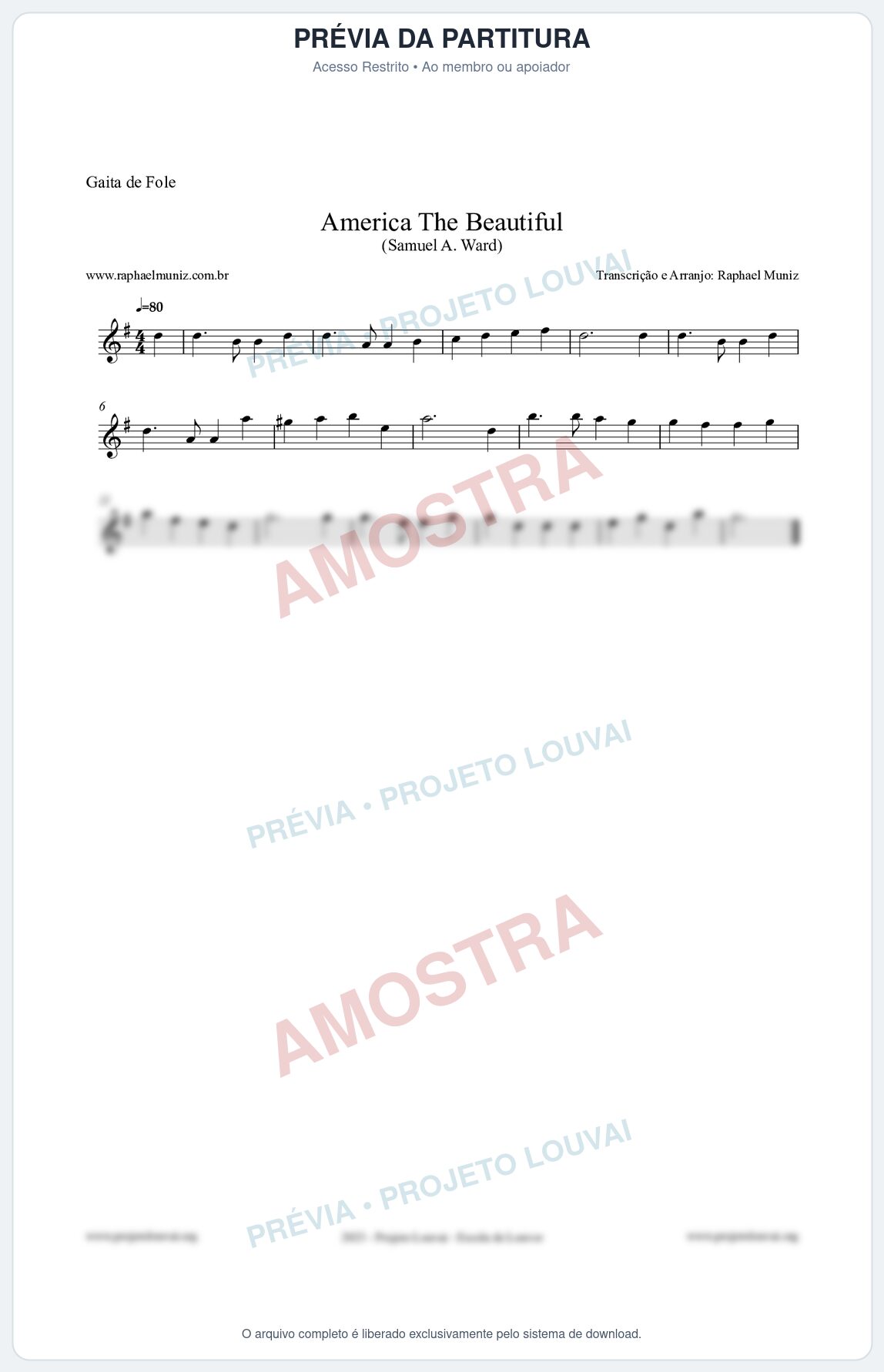 Prévia protegida da primeira página da partitura Partitura para Gaita de Fole - America The Beautiful - Samuel A Ward