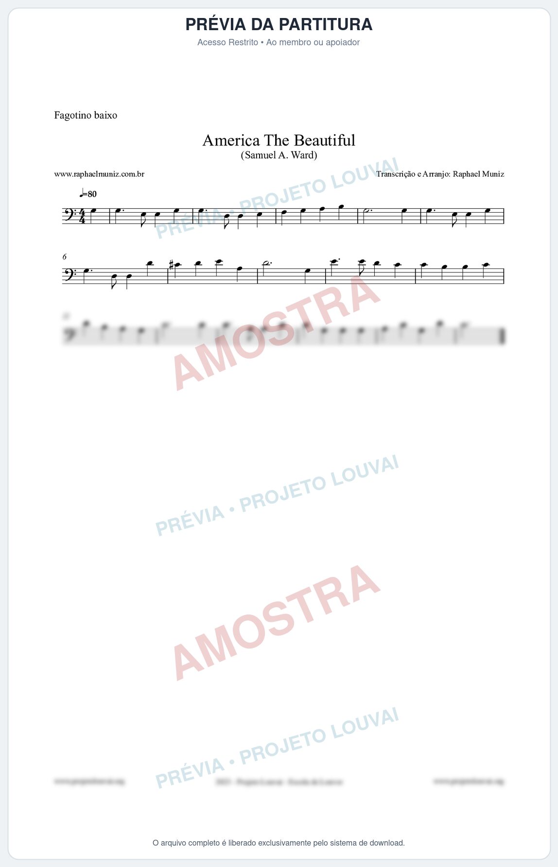 Prévia protegida da primeira página da partitura Partitura para Fagotino baixo - America The Beautiful - Samuel A Ward