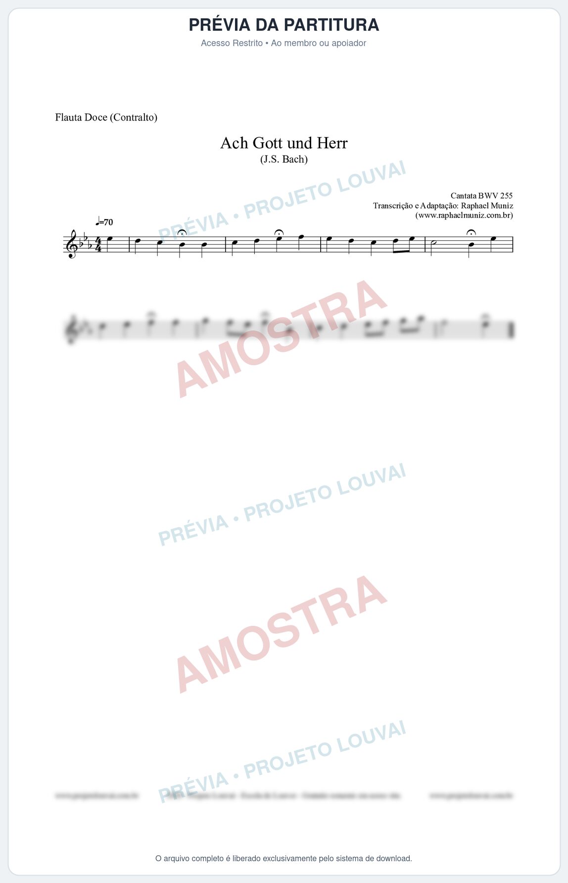 Prévia protegida da primeira página da partitura Partitura para Flauta Doce (Contralto) - Ach Gott und Herr (BWV 255) (Tom Eb) - Johann Sebastian Bach