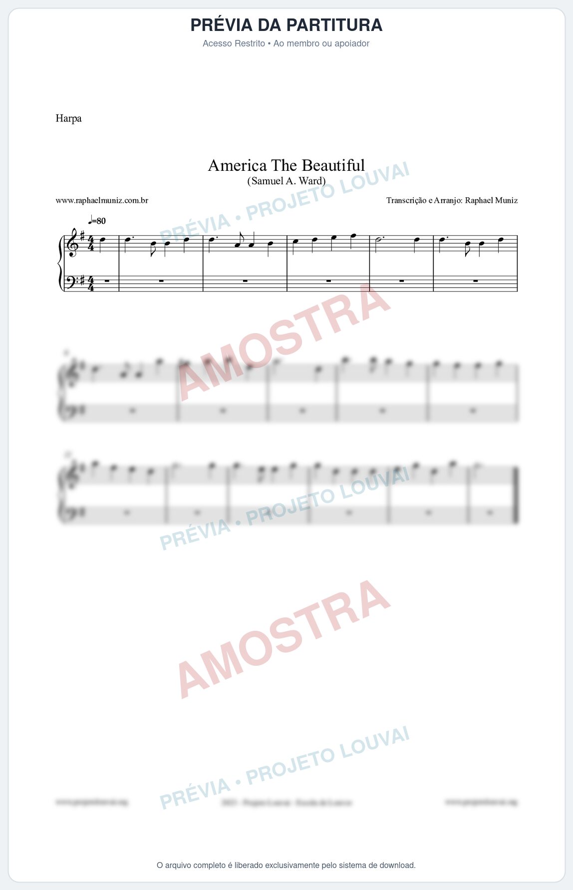 Prévia protegida da primeira página da partitura Partitura para Harpa - America The Beautiful - Samuel A Ward