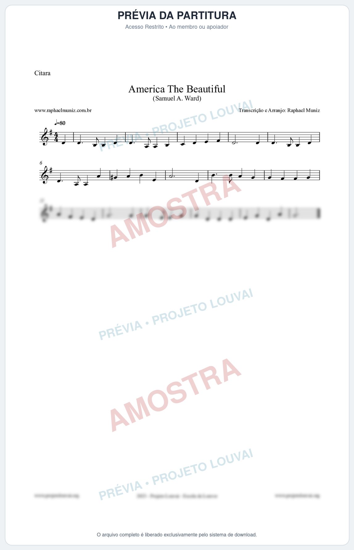 Prévia protegida da primeira página da partitura Partitura para Cítara - America The Beautiful - Samuel A Ward