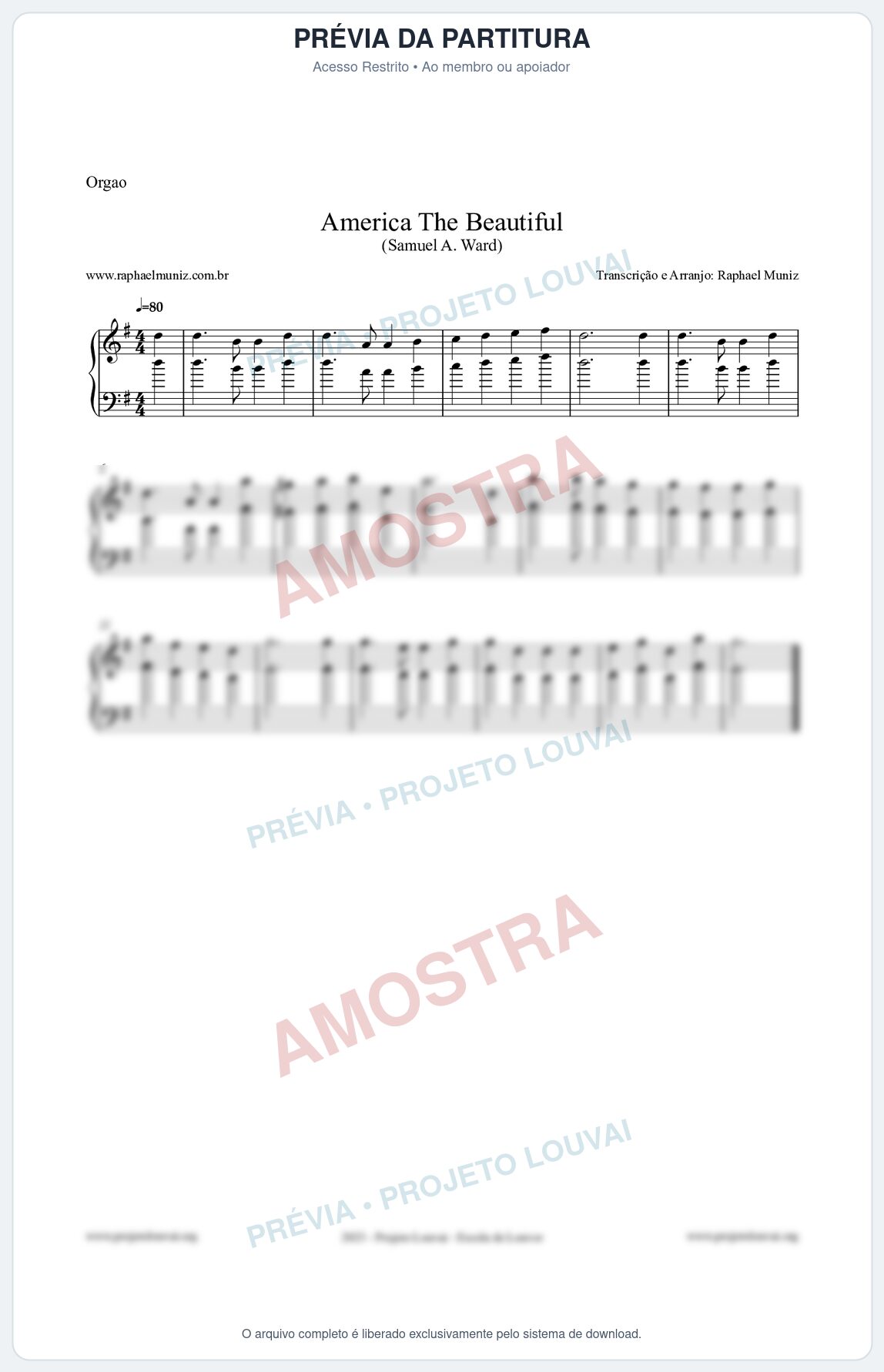 Prévia protegida da primeira página da partitura Partitura para Órgão - America The Beautiful - Samuel A Ward