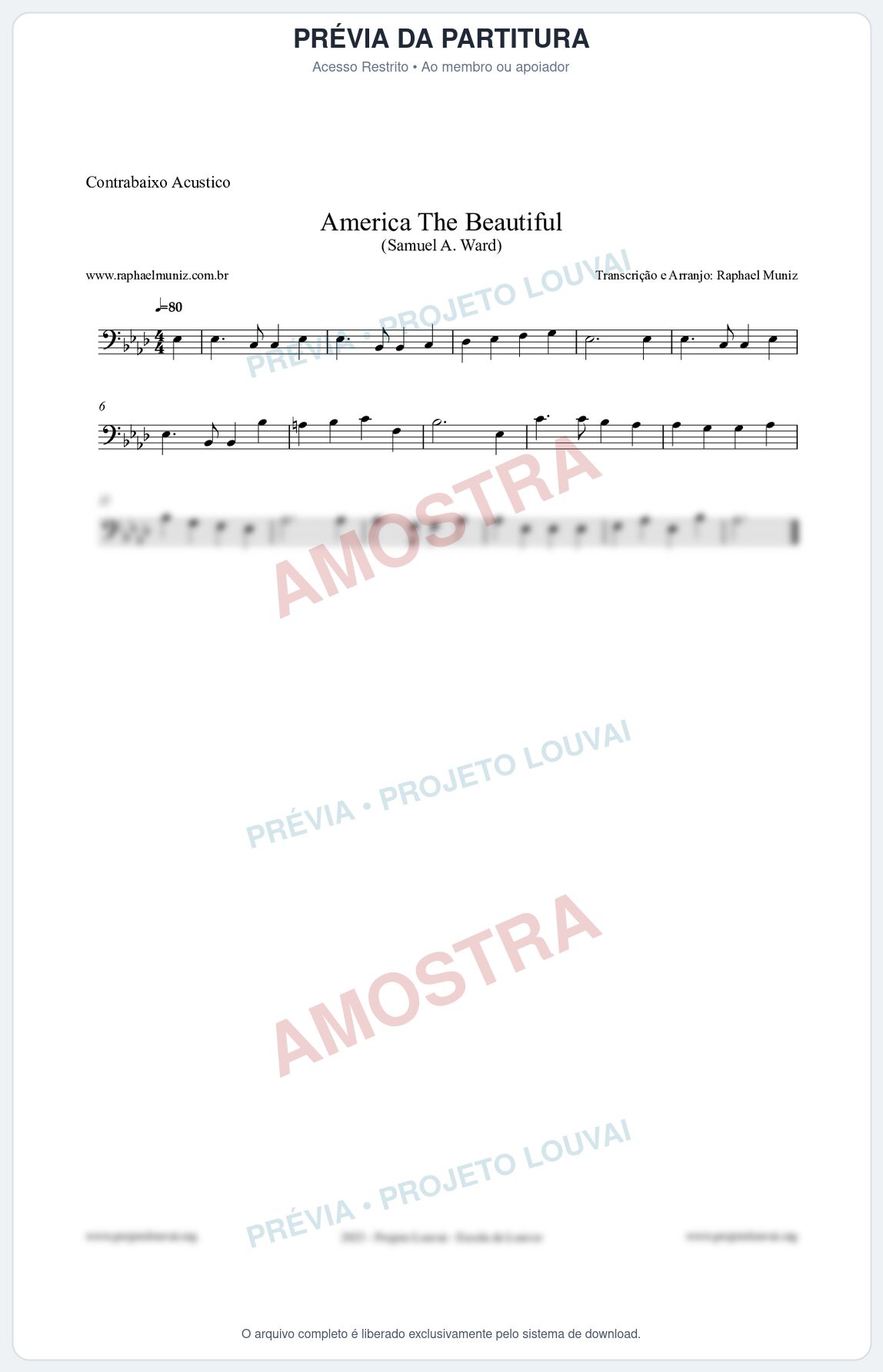Prévia protegida da primeira página da partitura Partitura para Contrabaixo Acústico - America The Beautiful - Samuel A Ward