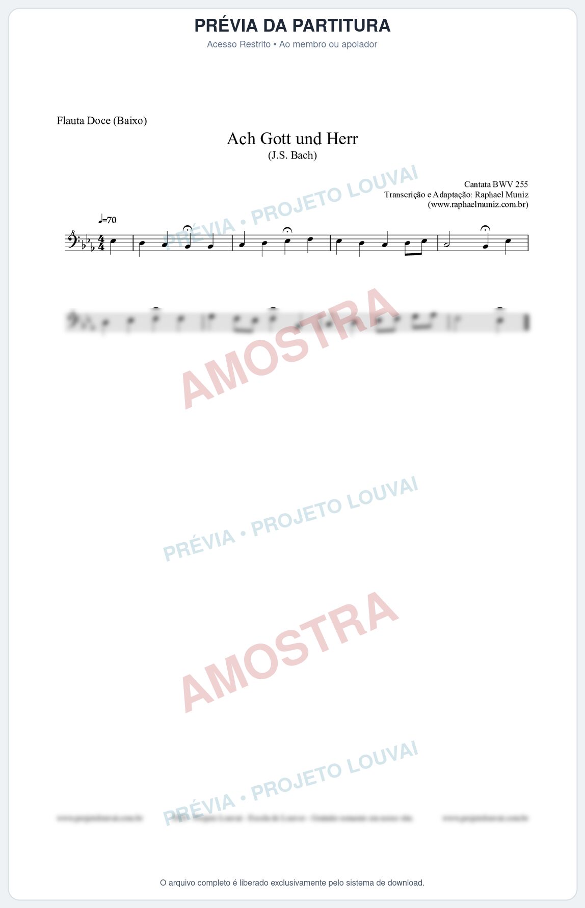 Prévia protegida da primeira página da partitura Partitura para Flauta Doce (Baixo) - Ach Gott und Herr (BWV 255) (Tom Eb) - Johann Sebastian Bach