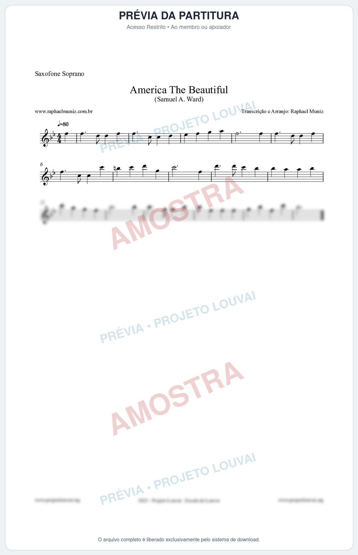 Prévia protegida da primeira página da partitura Partitura para Saxofone Soprano - America The Beautiful - Samuel A Ward