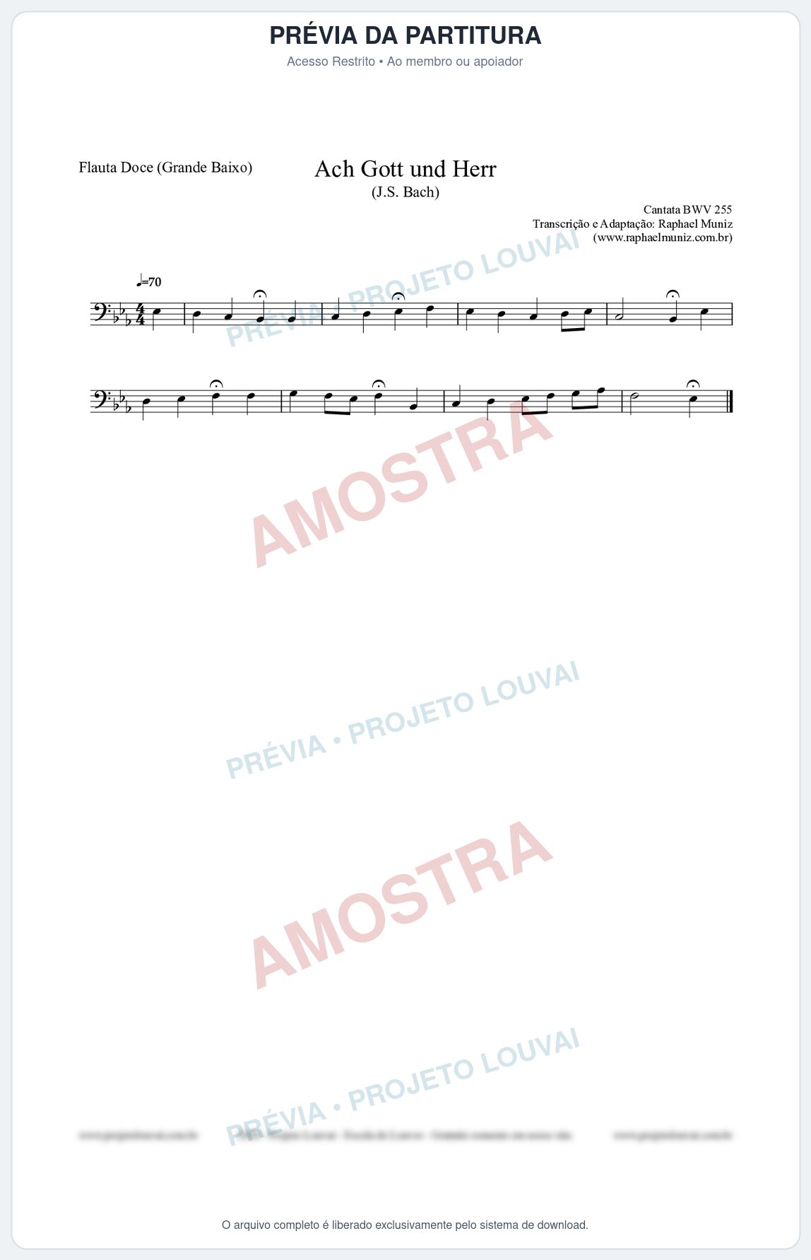 Prévia protegida da primeira página da partitura Partitura para Flauta Doce (Grande Baixo) - Ach Gott und Herr (BWV 255) (Tom Eb) - Johann Sebastian Bach
