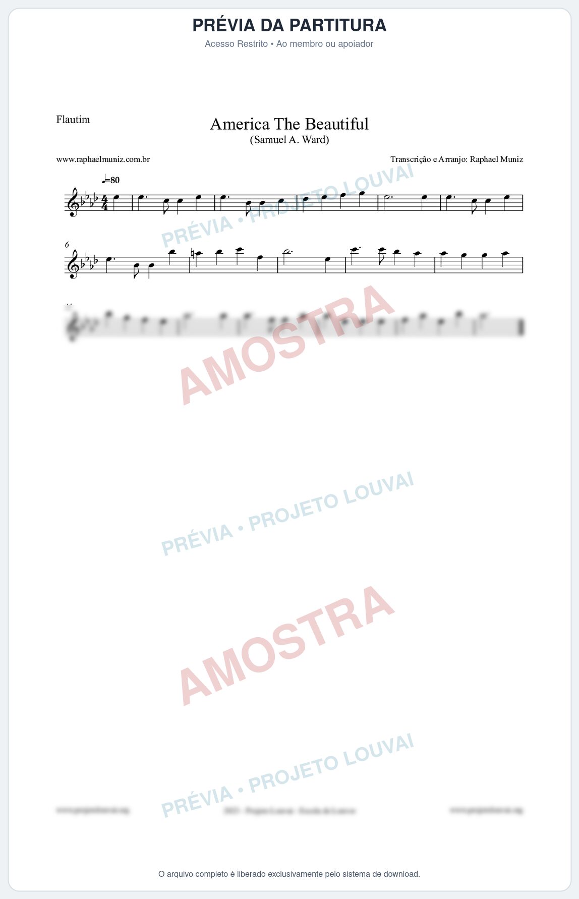 Prévia protegida da primeira página da partitura Partitura para Flautim - America The Beautiful - Samuel A Ward