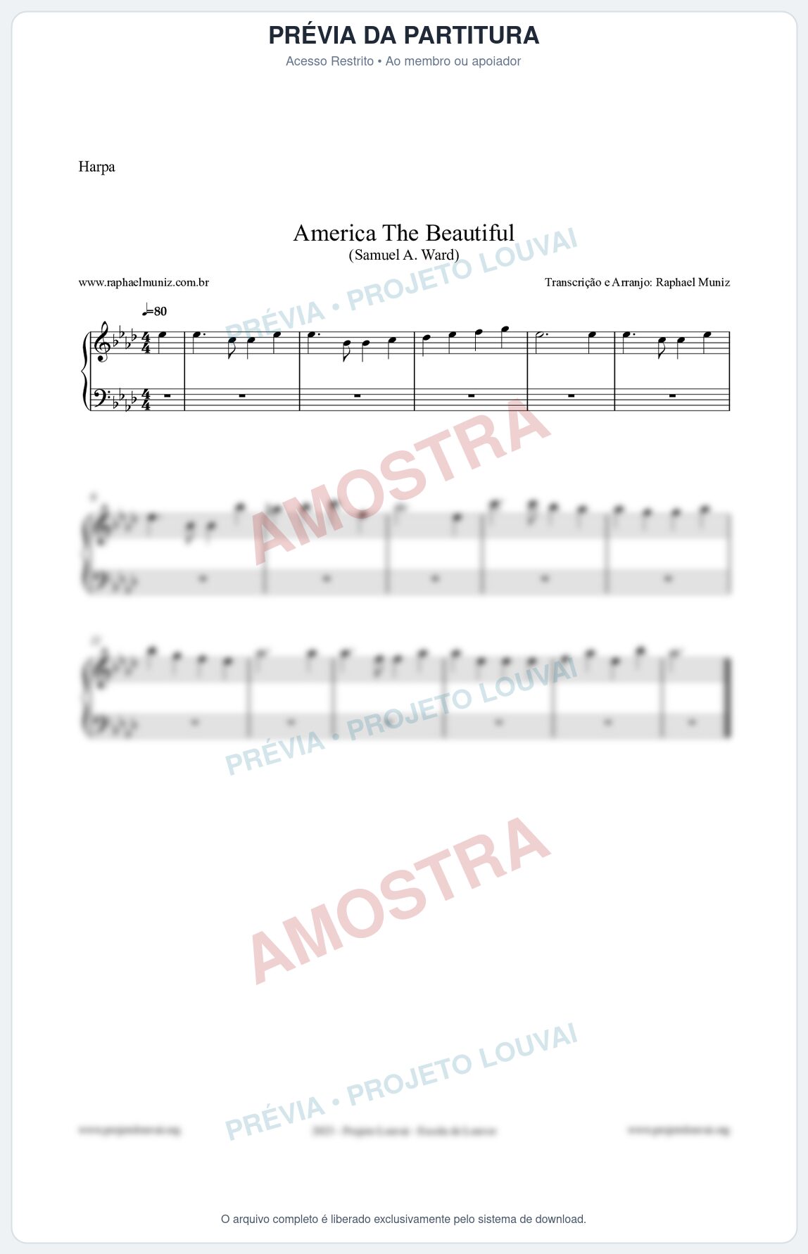 Prévia protegida da primeira página da partitura Partitura para Harpa - America The Beautiful - Samuel A Ward