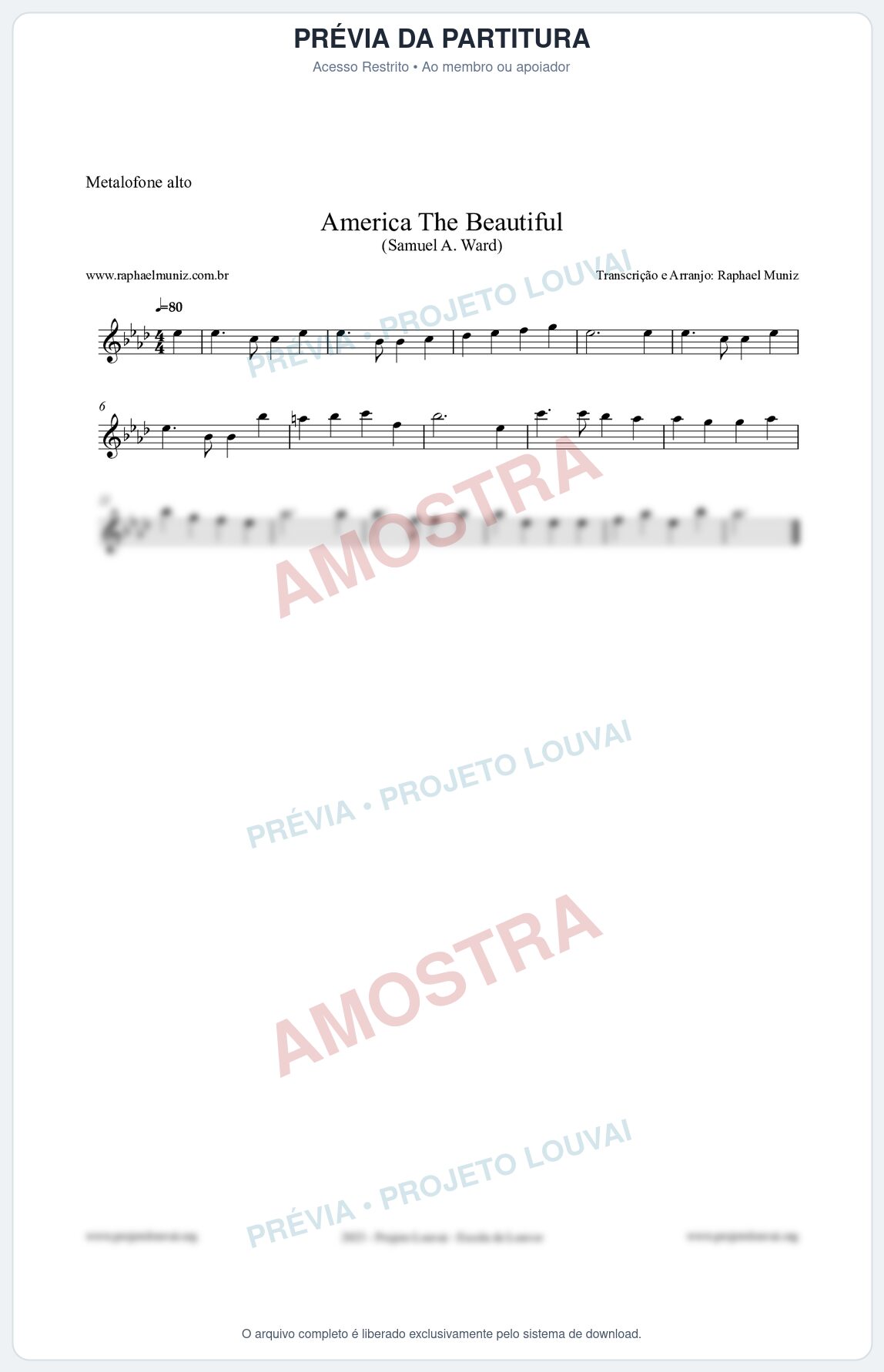 Prévia protegida da primeira página da partitura Partitura para Metalofone alto - America The Beautiful - Samuel A Ward
