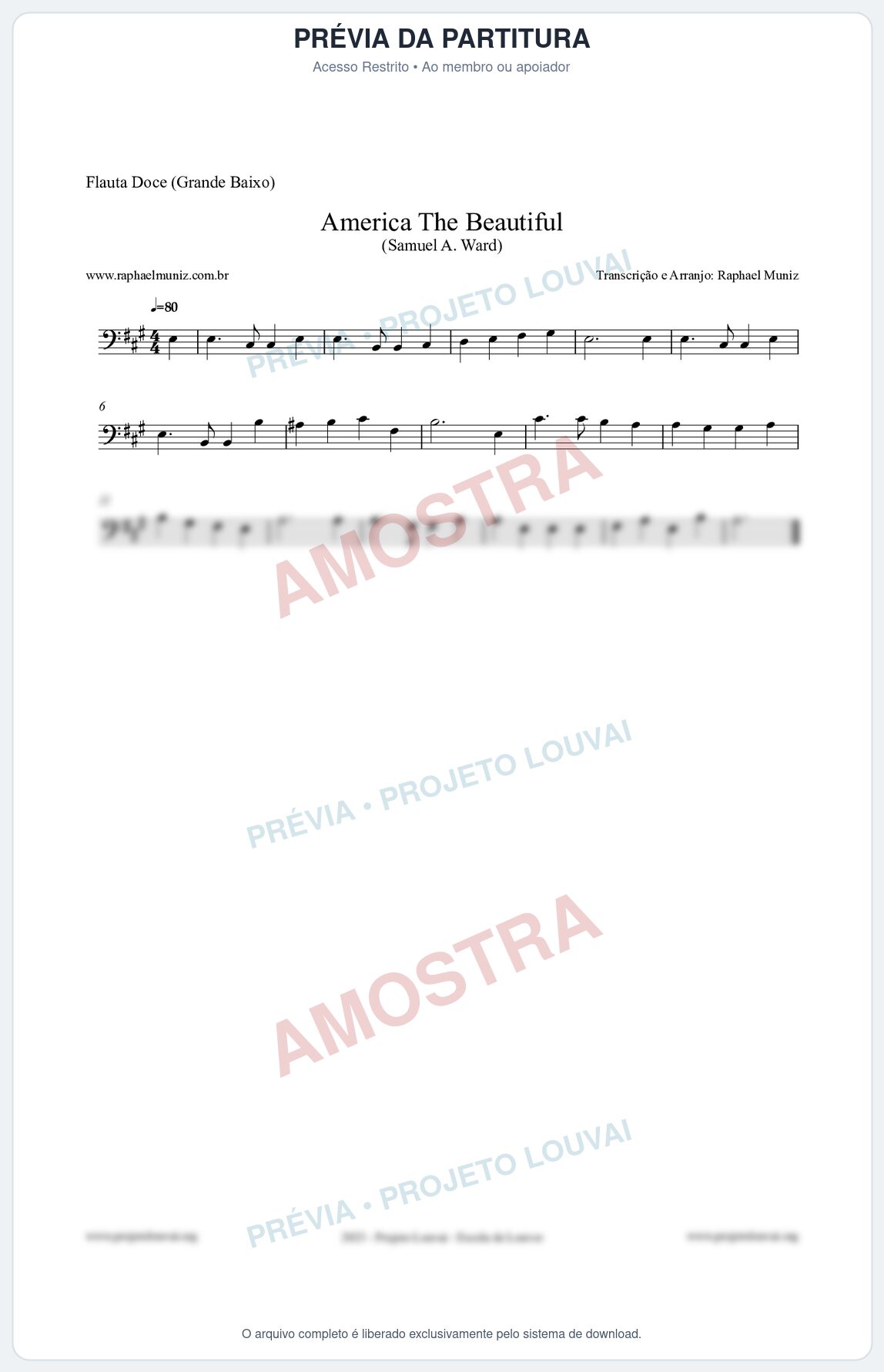 Prévia protegida da primeira página da partitura Partitura para Flauta Doce (Grande Baixo) - America The Beautiful - Samuel A Ward