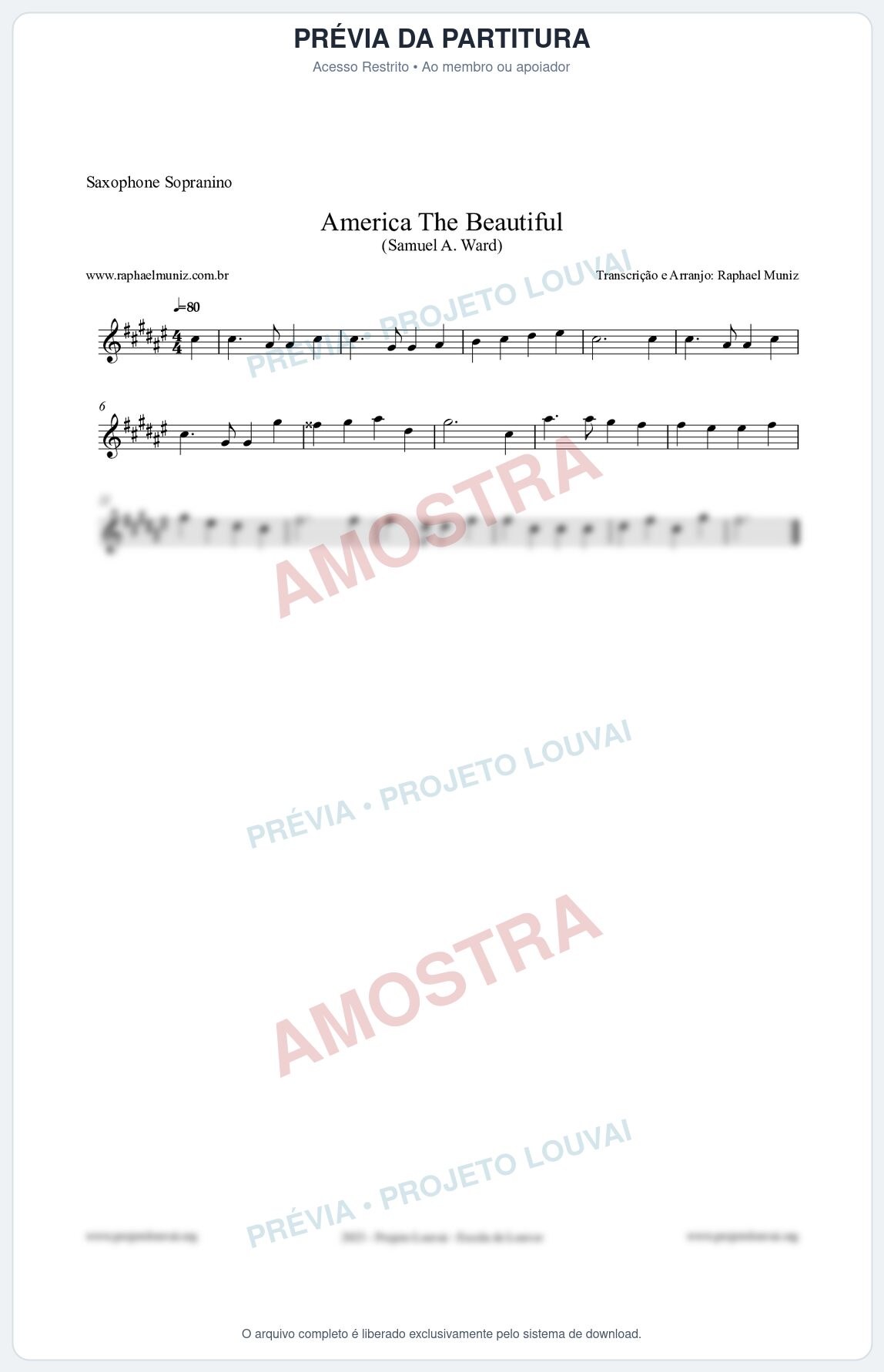 Prévia protegida da primeira página da partitura Partitura para Saxophone Sopranino - America The Beautiful - Samuel A Ward