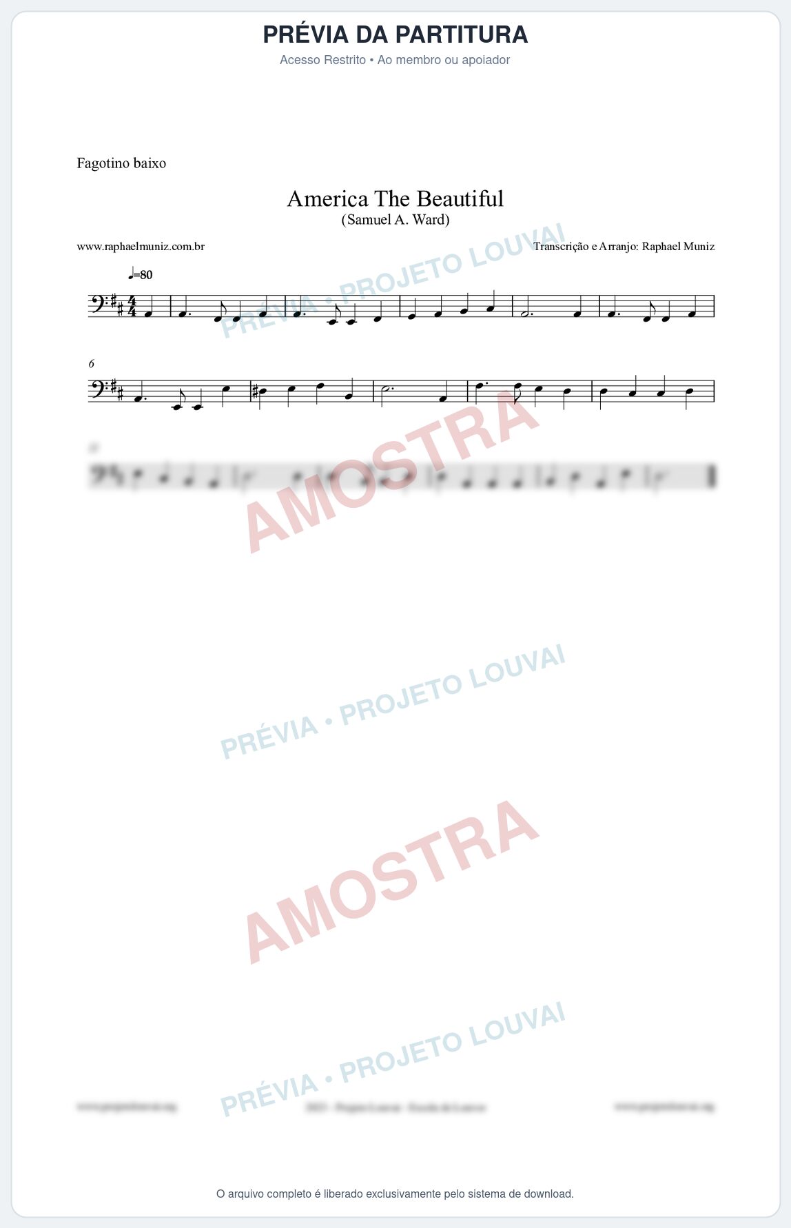 Prévia protegida da primeira página da partitura Partitura para Fagotino baixo - America The Beautiful - Samuel A Ward