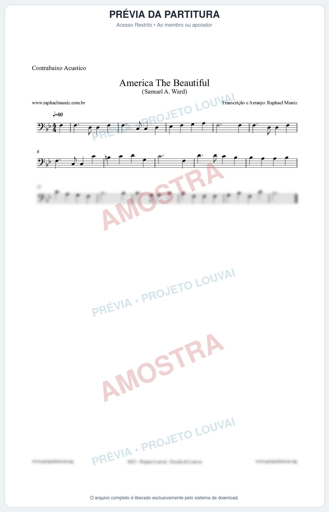 Prévia protegida da primeira página da partitura Partitura para Contrabaixo Acústico - America The Beautiful - Samuel A Ward