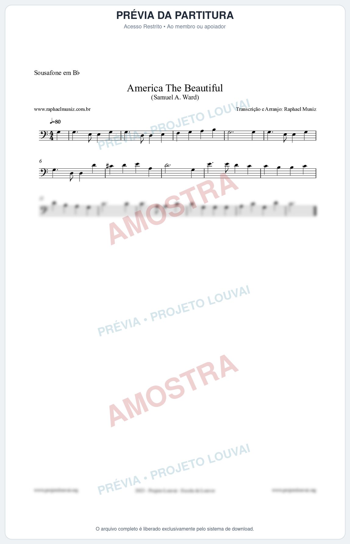 Prévia protegida da primeira página da partitura Partitura para Sousafone em Bb - America The Beautiful - Samuel A Ward