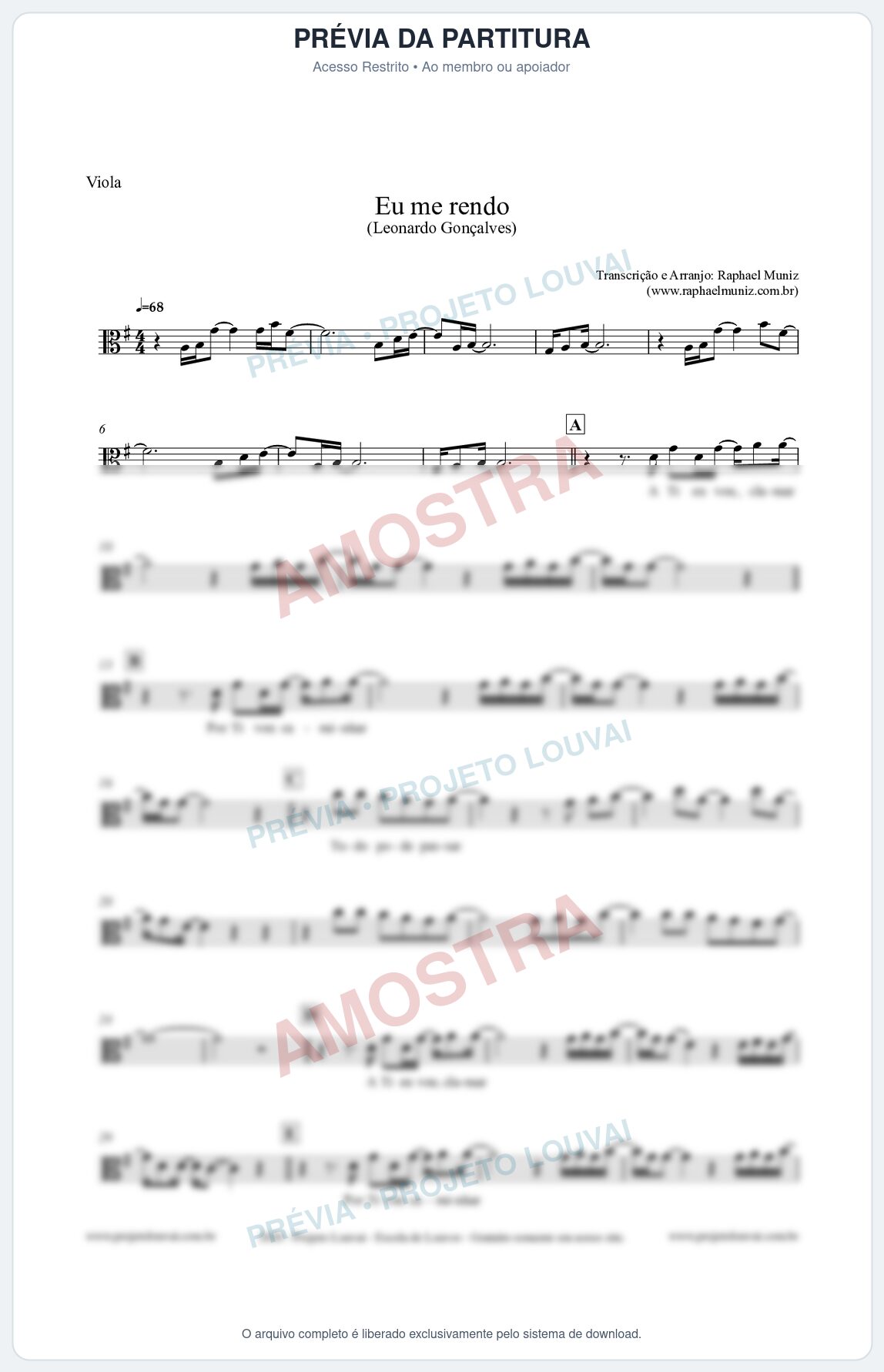 Prévia protegida da primeira página da partitura Partitura para Viola - Eu me Rendo (Tom G) - Leonardo Gonçalves