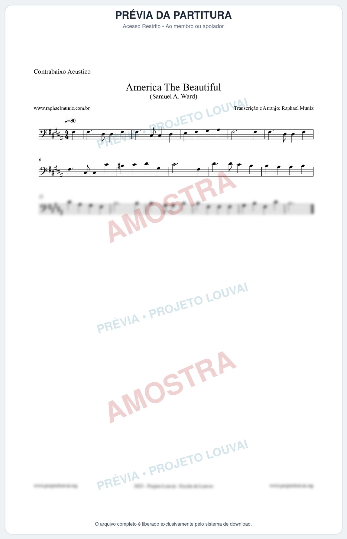 Prévia protegida da primeira página da partitura Partitura para Contrabaixo Acústico - America The Beautiful - Samuel A Ward