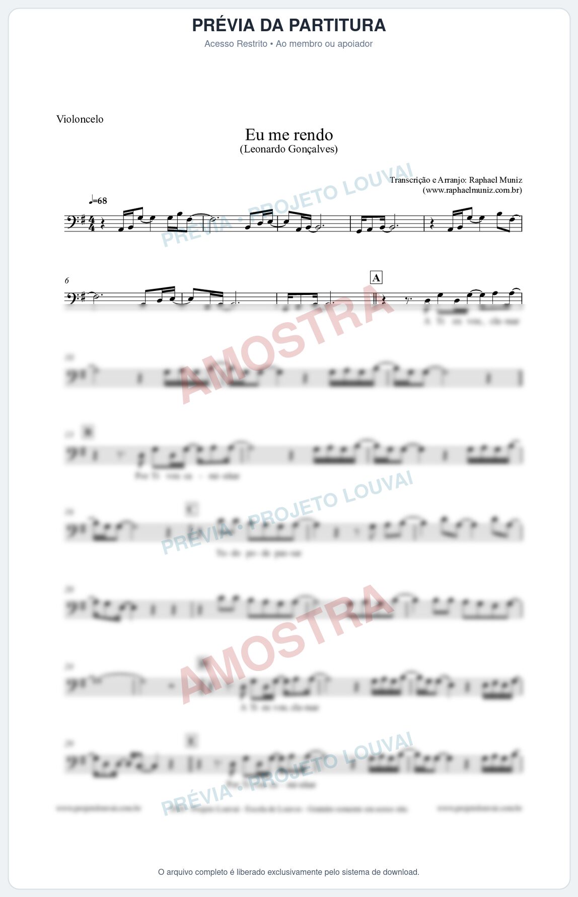 Prévia protegida da primeira página da partitura Partitura para Violoncelo - Eu me Rendo (Tom G) - Leonardo Gonçalves