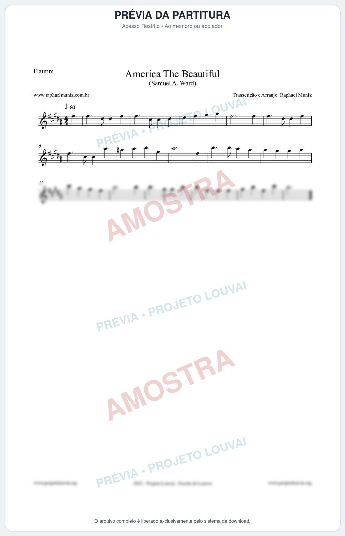 Prévia protegida da primeira página da partitura Partitura para Flautim - America The Beautiful - Samuel A Ward