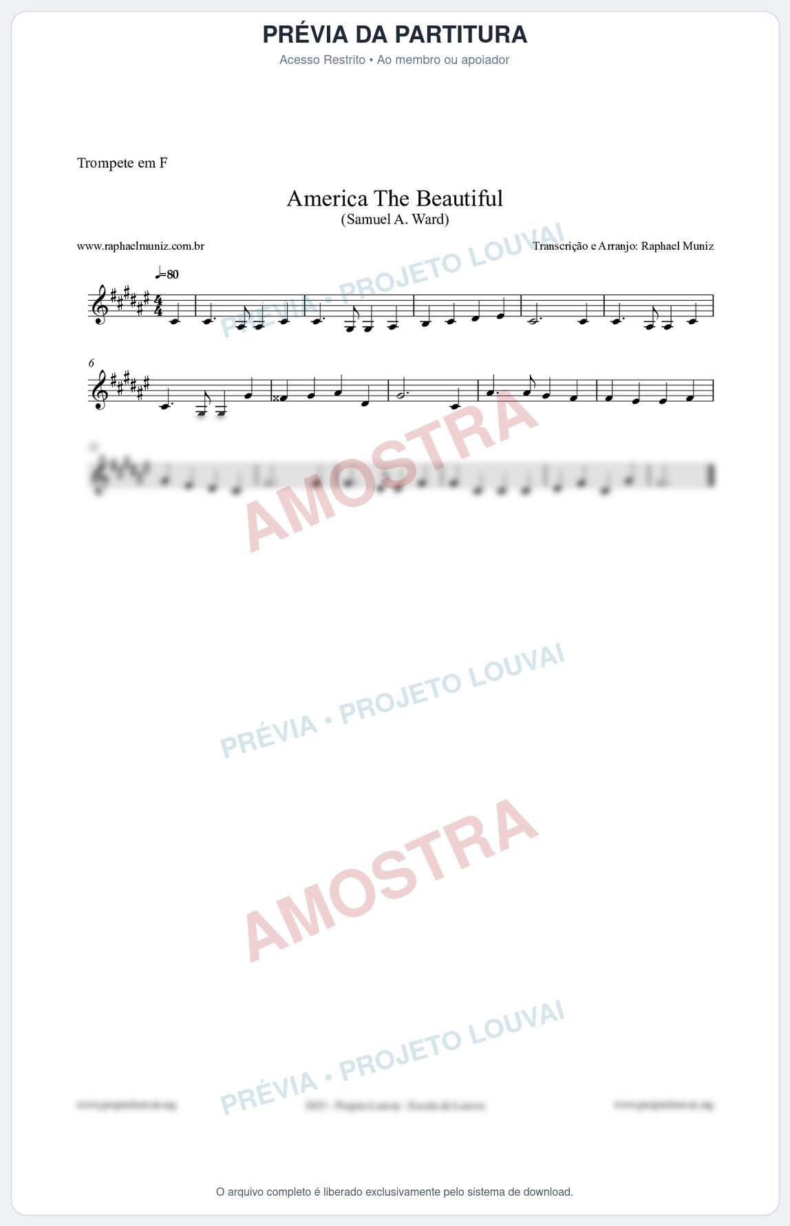 Prévia protegida da primeira página da partitura Partitura para Trompete em F - America The Beautiful - Samuel A Ward