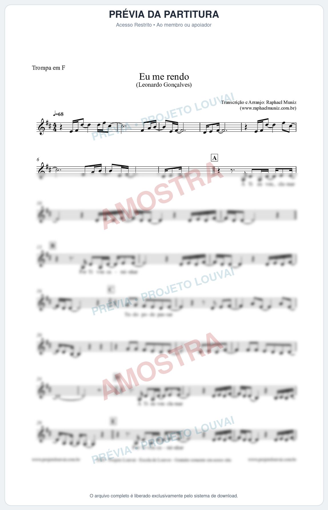 Prévia protegida da primeira página da partitura Partitura para Trompa em F - Eu me Rendo (Tom G) - Leonardo Gonçalves