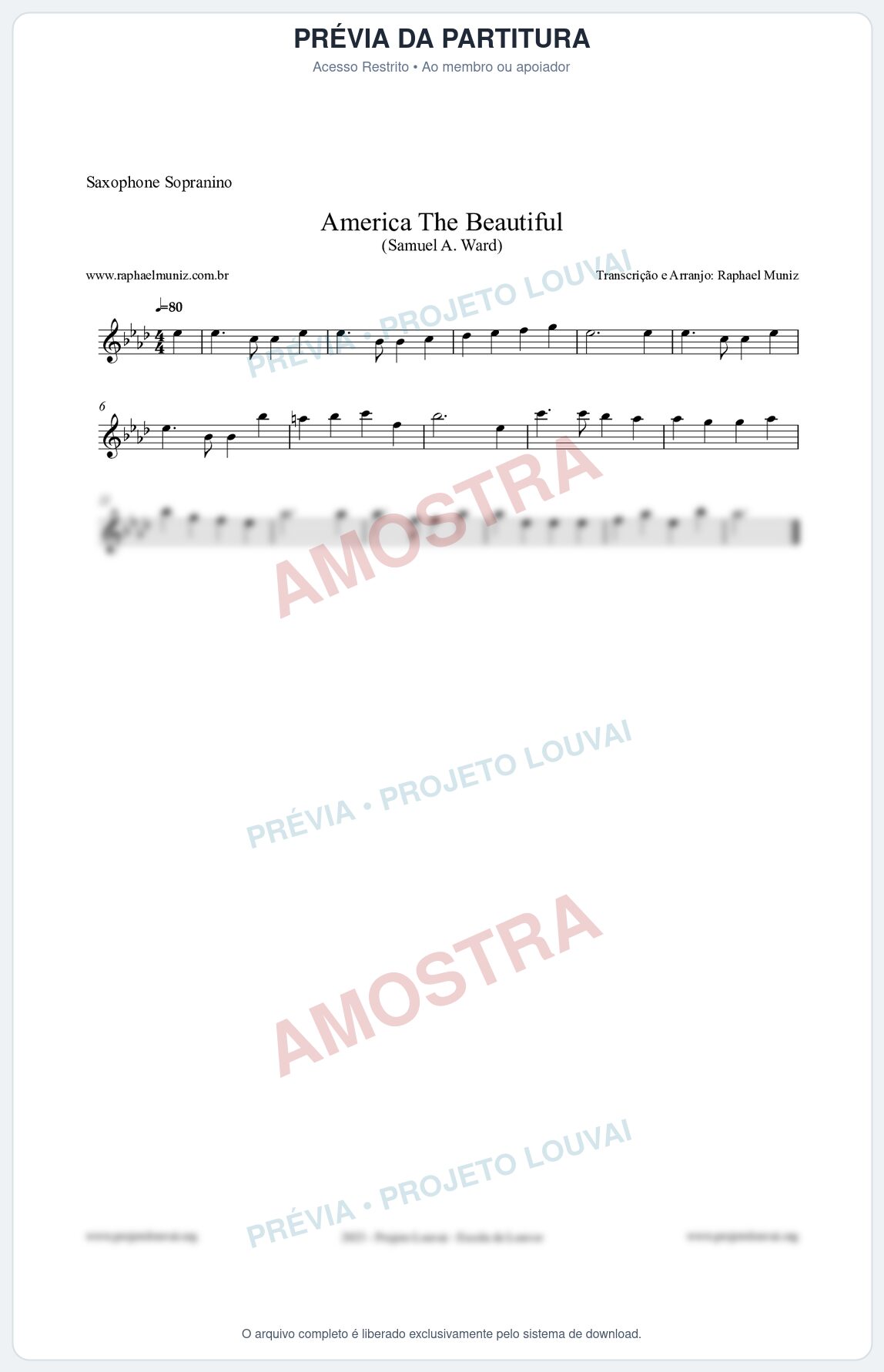 Prévia protegida da primeira página da partitura Partitura para Saxophone Sopranino - America The Beautiful - Samuel A Ward